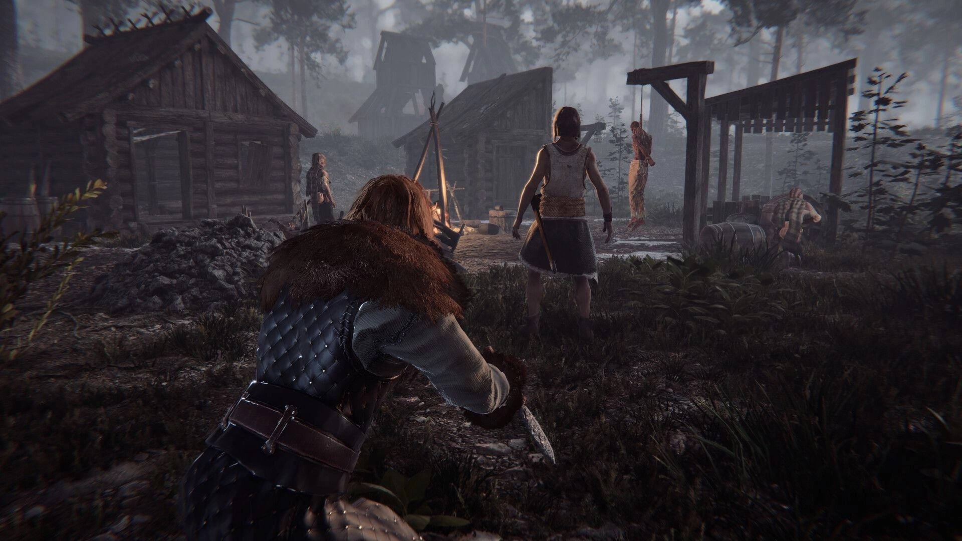 Nested Lands: Character crouching with a knife in a foggy village setting featuring wooden huts.