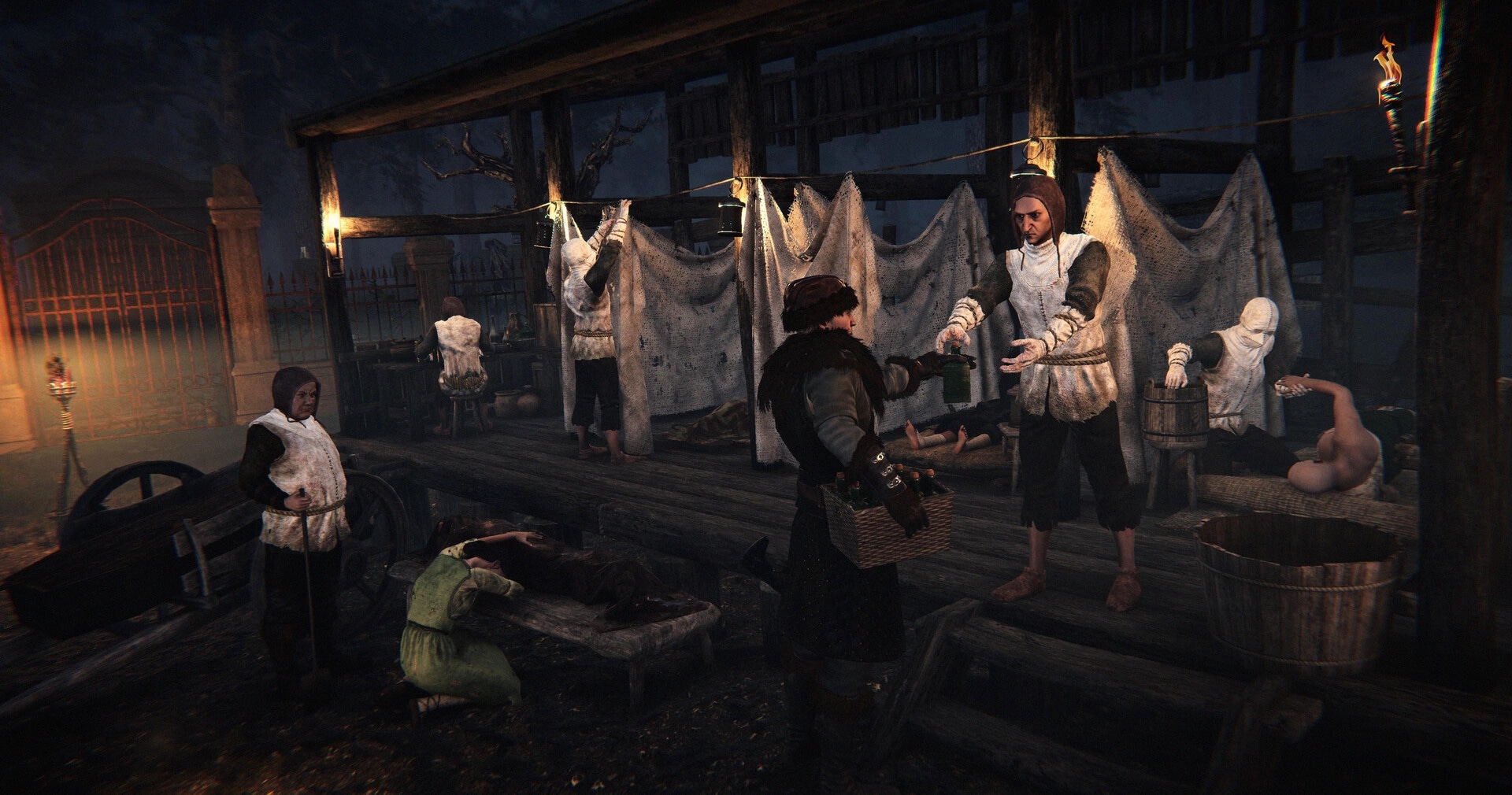 Nested Lands: Characters trade items at a rustic village market with tents and lanterns illuminating the scene.
