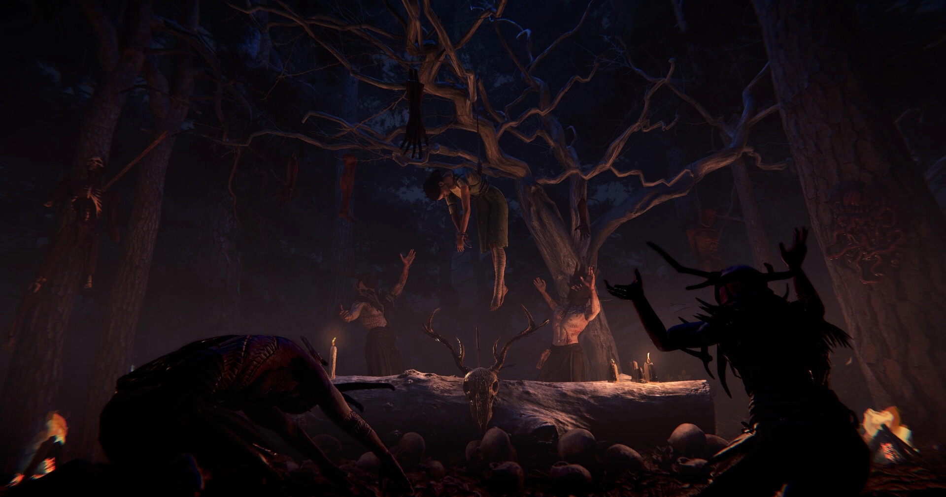 Nested Lands: Ritual scene with figures worshipping by a tree adorned with skulls and hanging bodies