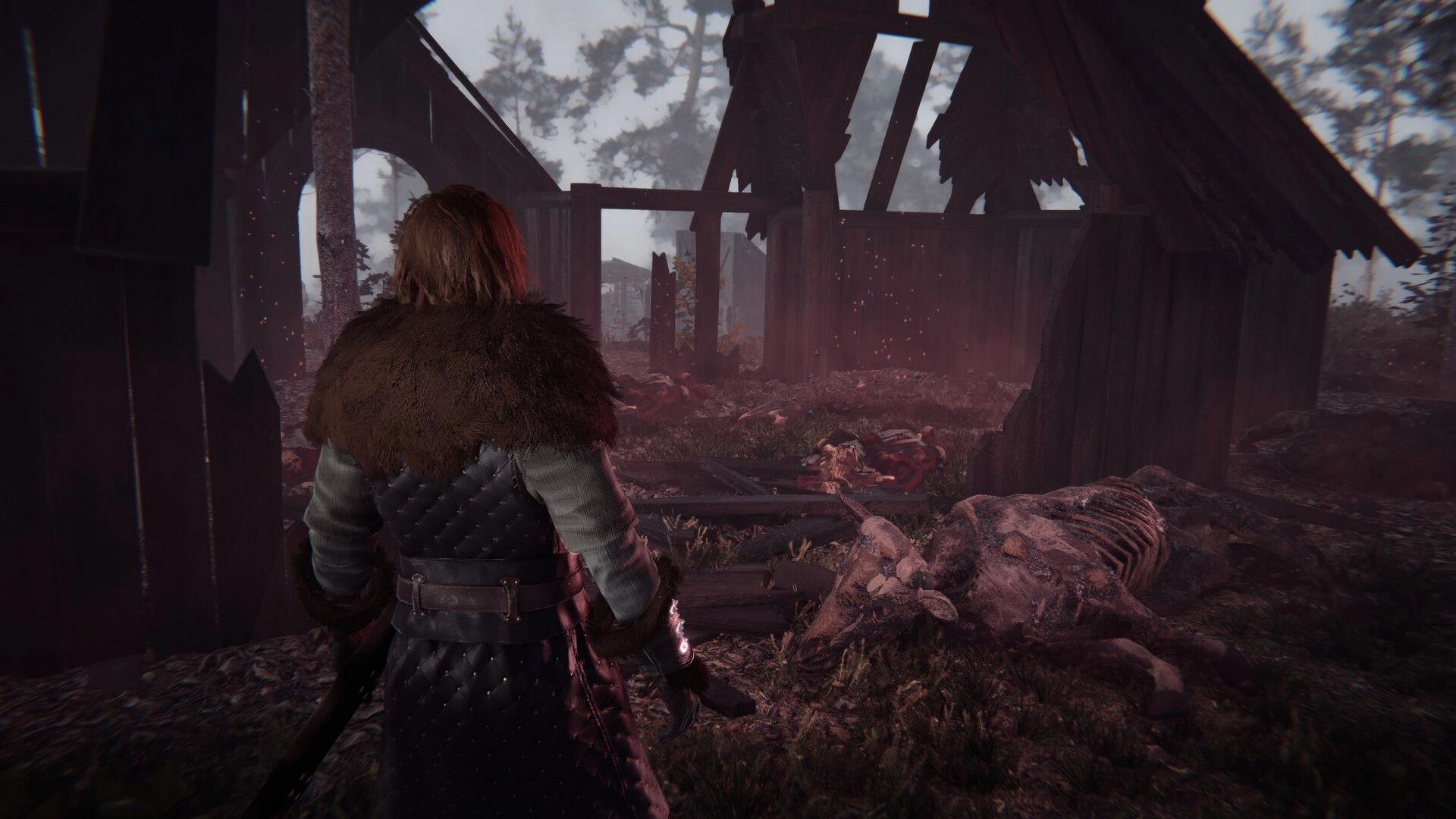 Nested Lands: Character explores a ruined village with skeletal remains amidst misty, desolate woods.