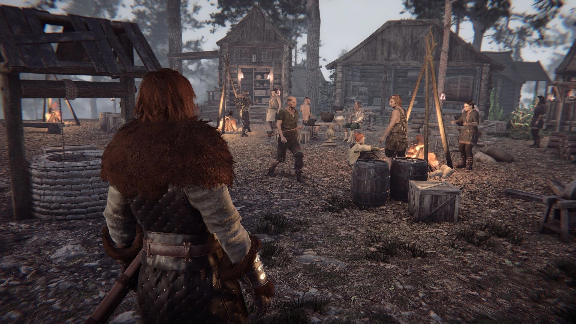 Nested Lands: Player observes villagers interacting around campfires in a rustic medieval settlement.