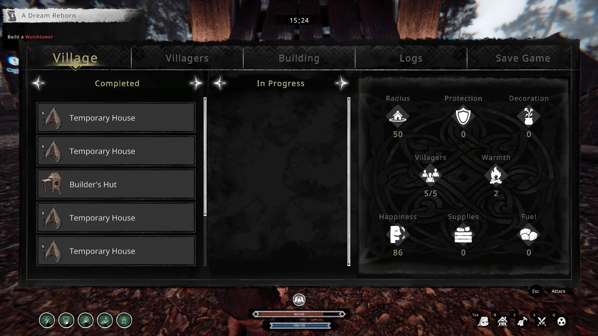 Nested Lands: Village management screen showing completed buildings and resource statistics