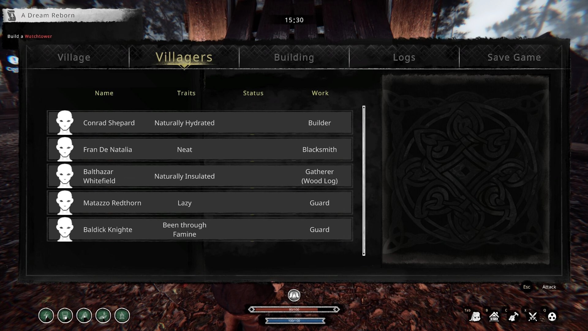Nested Lands: Villagers menu with names, traits, and work roles displayed in a forest settlement setting.