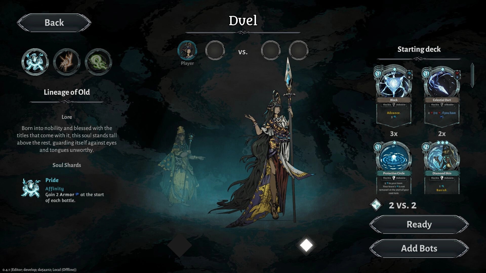 Nether Spirits: Duel setup with character selection and starting deck displayed in dark fantasy theme.