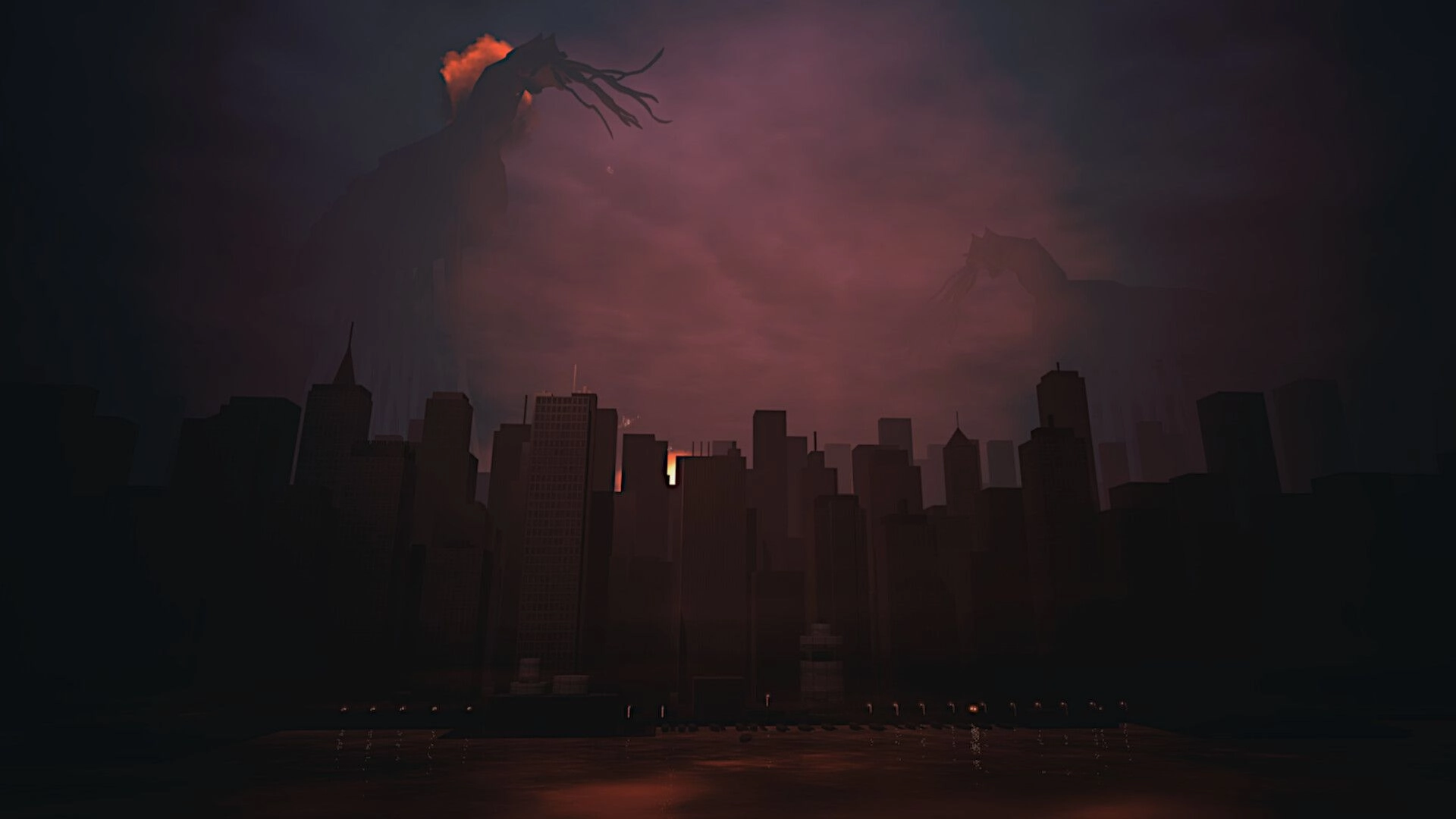 Netherwake: Two colossal shadow creatures loom over a dark city skyline under thick red fog at dusk.