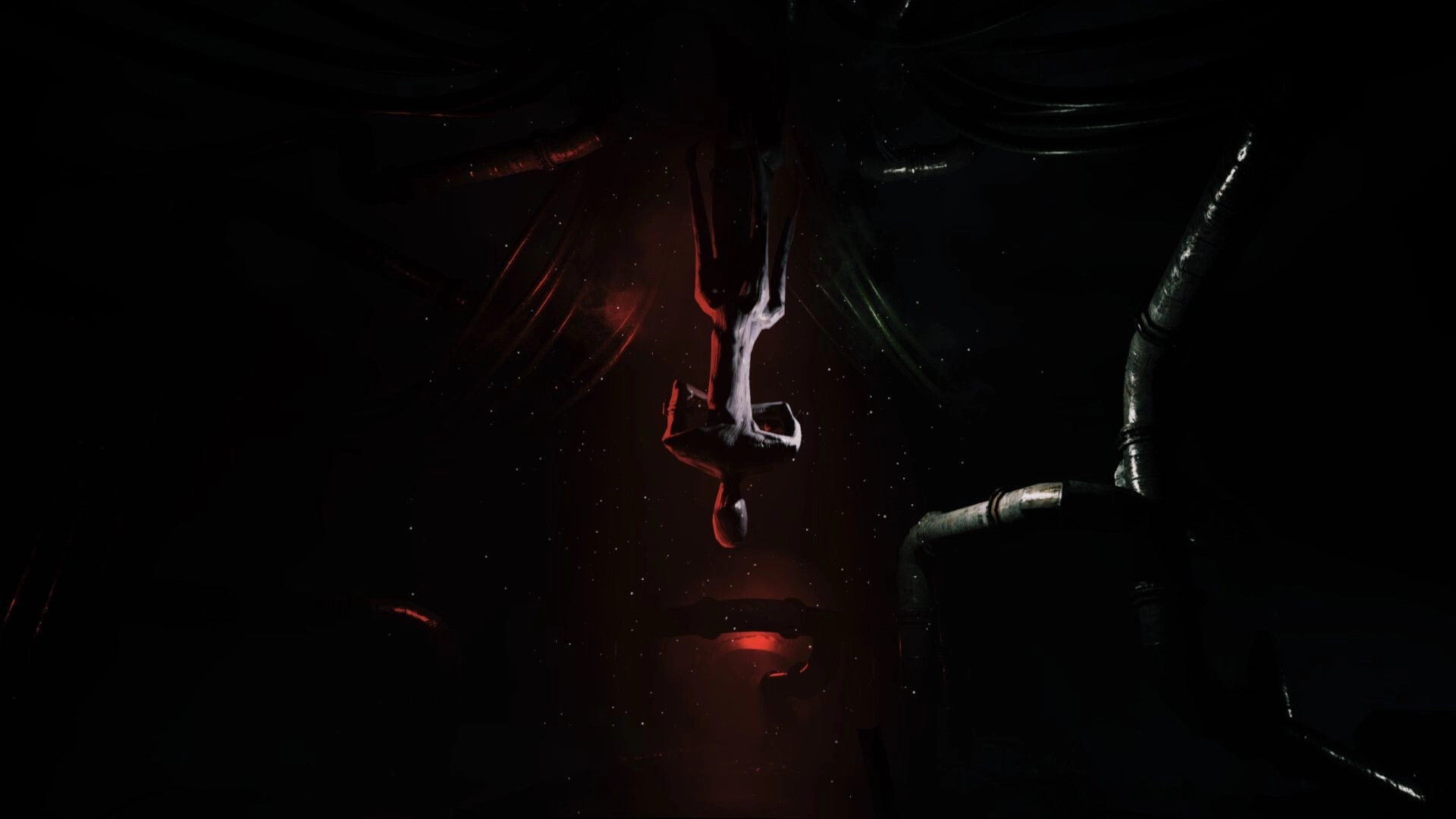 Netherwake: Upside-down human figure suspended in darkness amid red fog and looming pipes overhead.