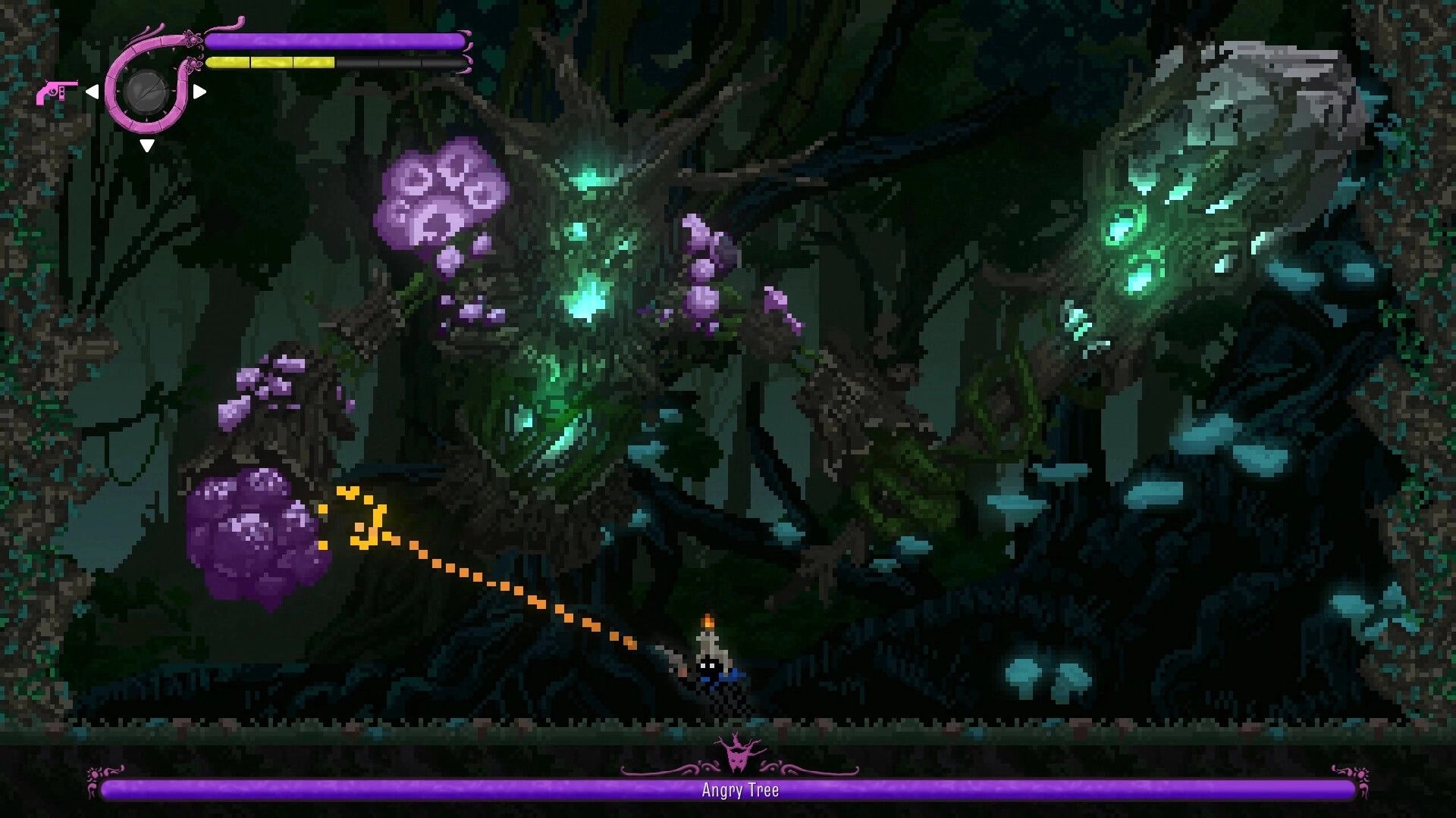 NetherWorld: Jellyfish character battles Angry Tree boss in dark, mystical forest with glowing elements.