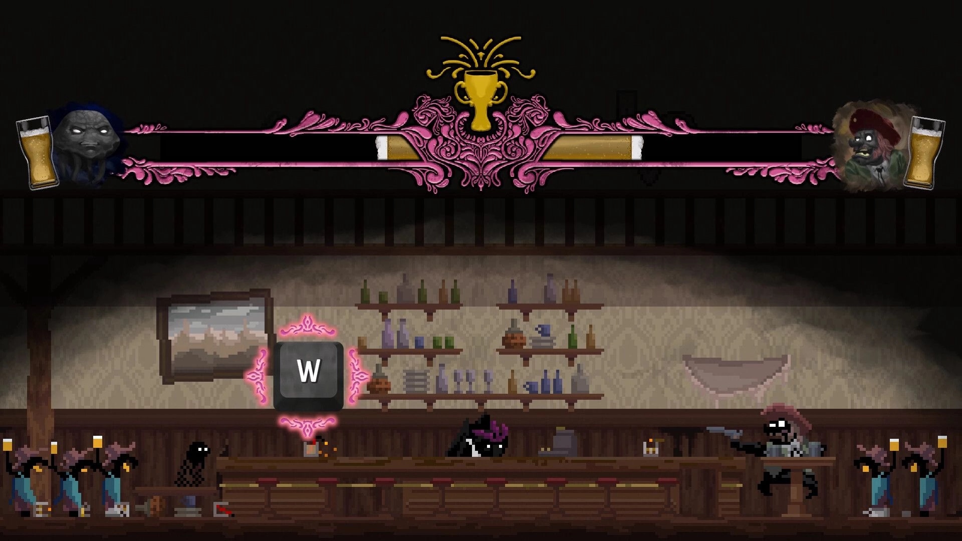 NetherWorld: Jellyfish character at bar with drinks, health bar, and mystical setting in background.
