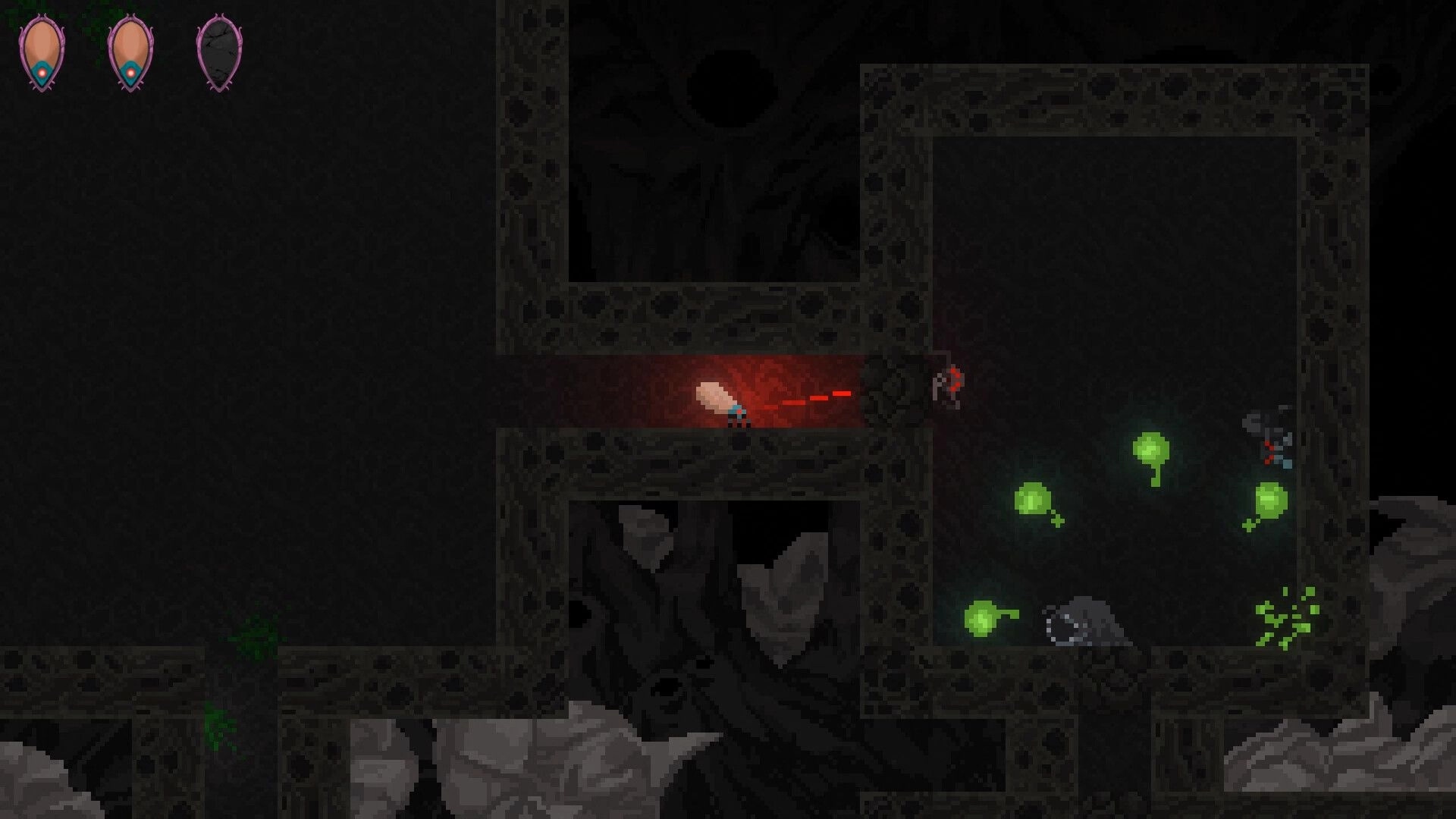 NetherWorld: Jellyfish character shoots red projectile in dark cave with glowing green orbs nearby