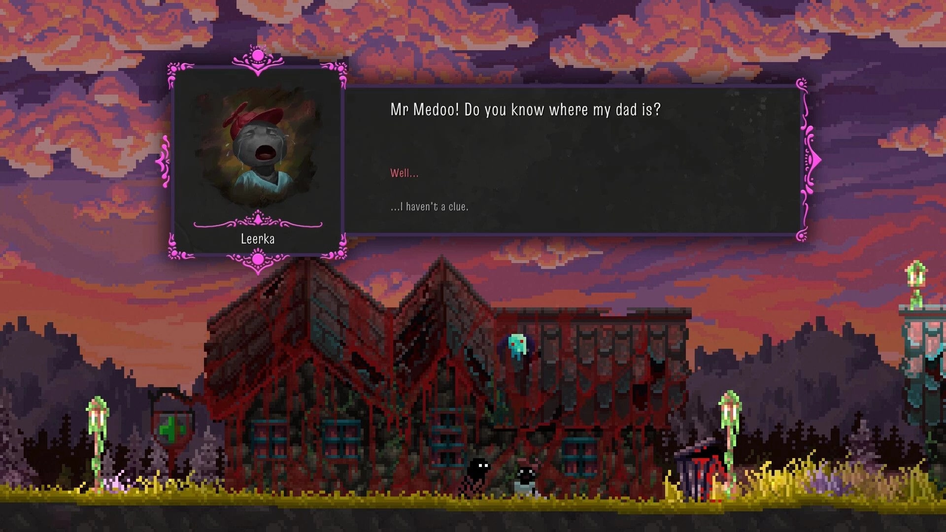 NetherWorld: Leenka converses with Mr. Medoo at sunset in front of a dilapidated building.