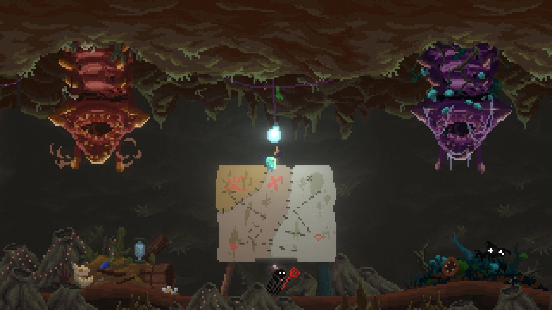 NetherWorld: Jellyfish character examines map under dim light in a cavern with strange creatures above.