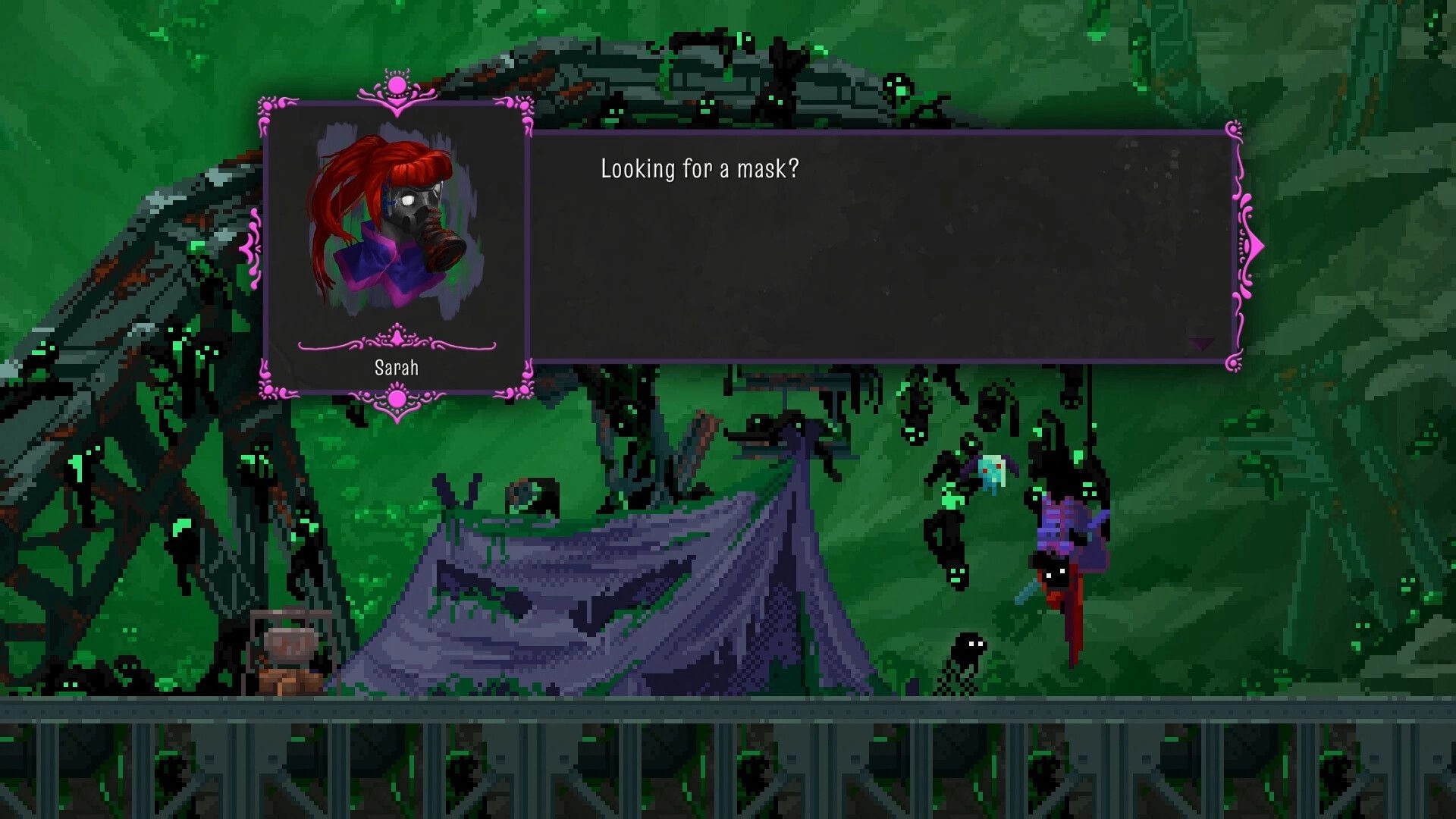 NetherWorld: Sarah dialogue box with mask question in a dark, eerie forest environment