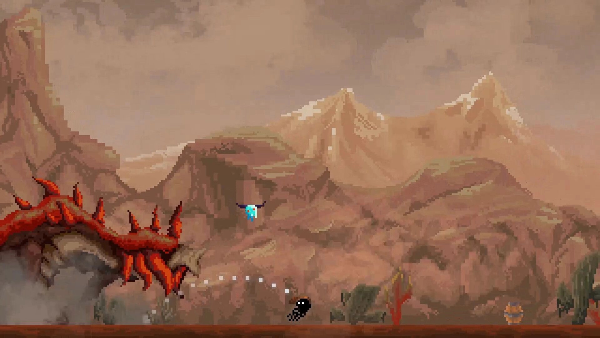 NetherWorld: Jellyfish dodges giant red creature in a mountainous desert landscape