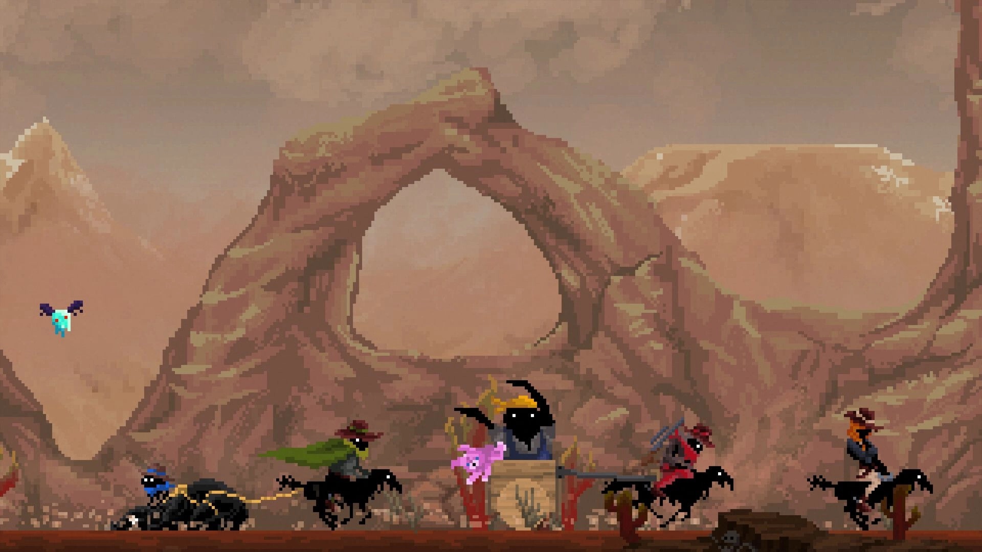 NetherWorld: Group of riders and creatures crossing desert landscape with large rock arch in background