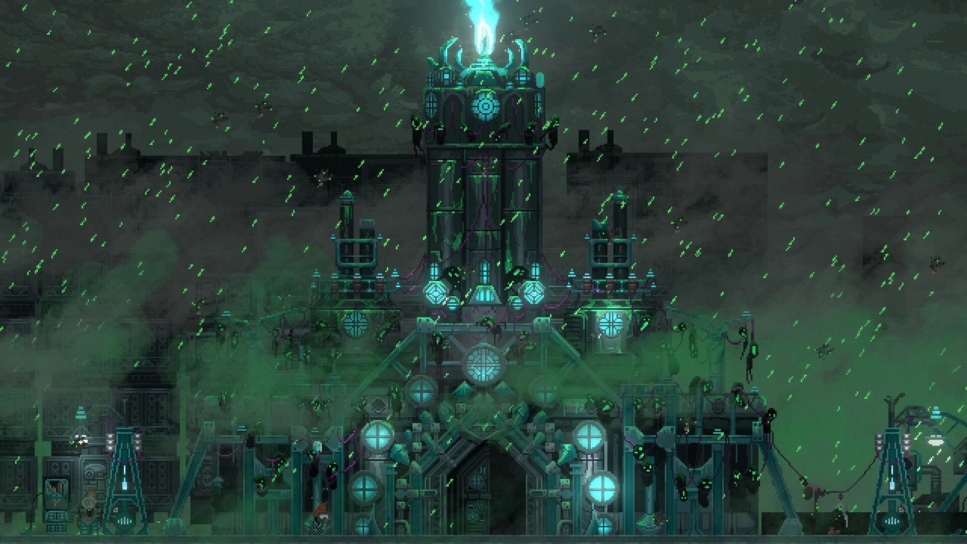 NetherWorld: Dark industrial building with glowing lights in a rainy, smoky environment.