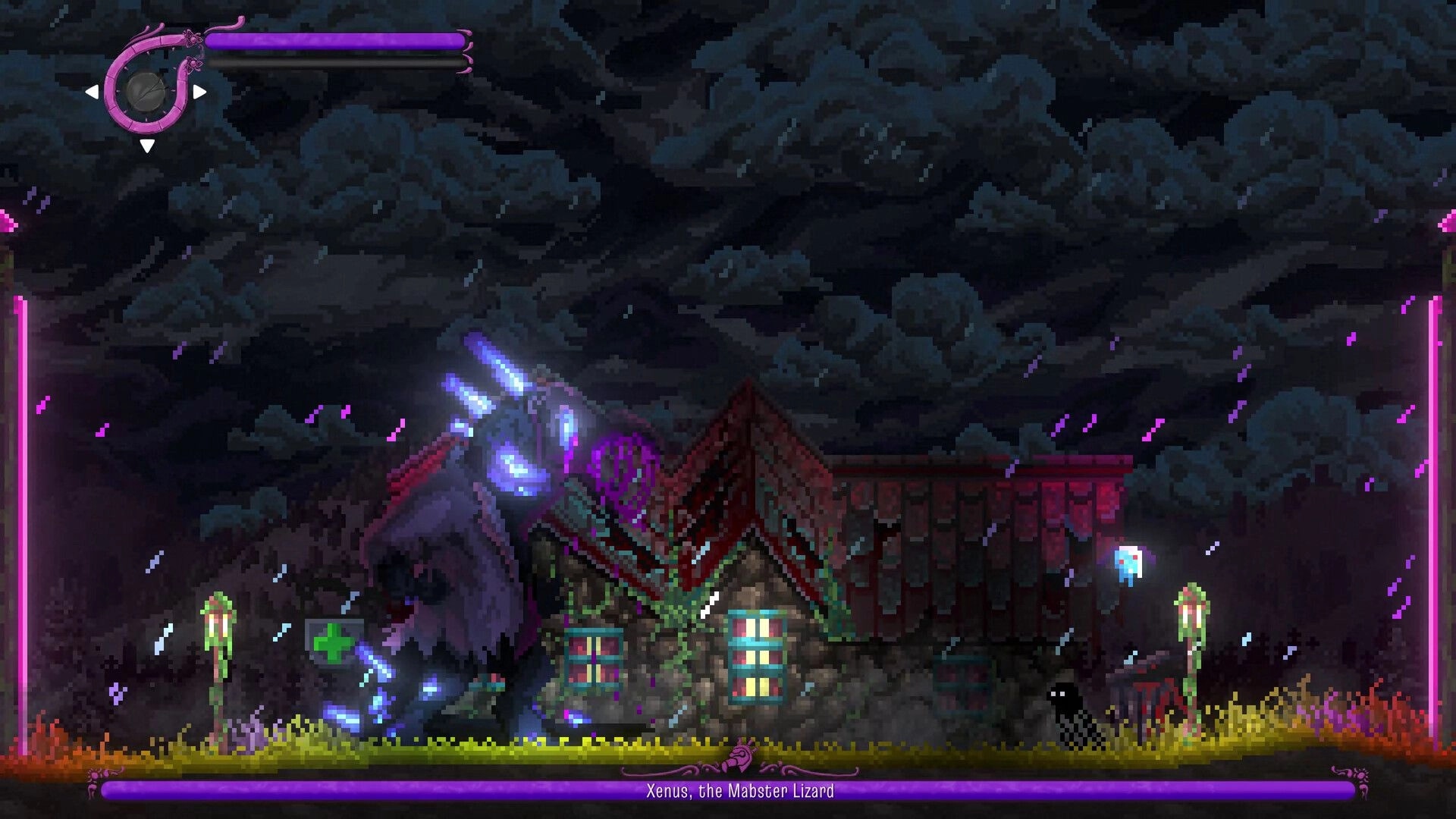 NetherWorld: Xenus, the Mabster Lizard battles in a stormy village with glowing neon elements.