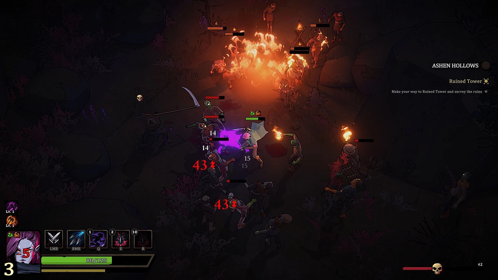 Netherwyn: Player slashes undead amid fire blast, quest text Ashen Hollows Ruined Tower in dark ruins.