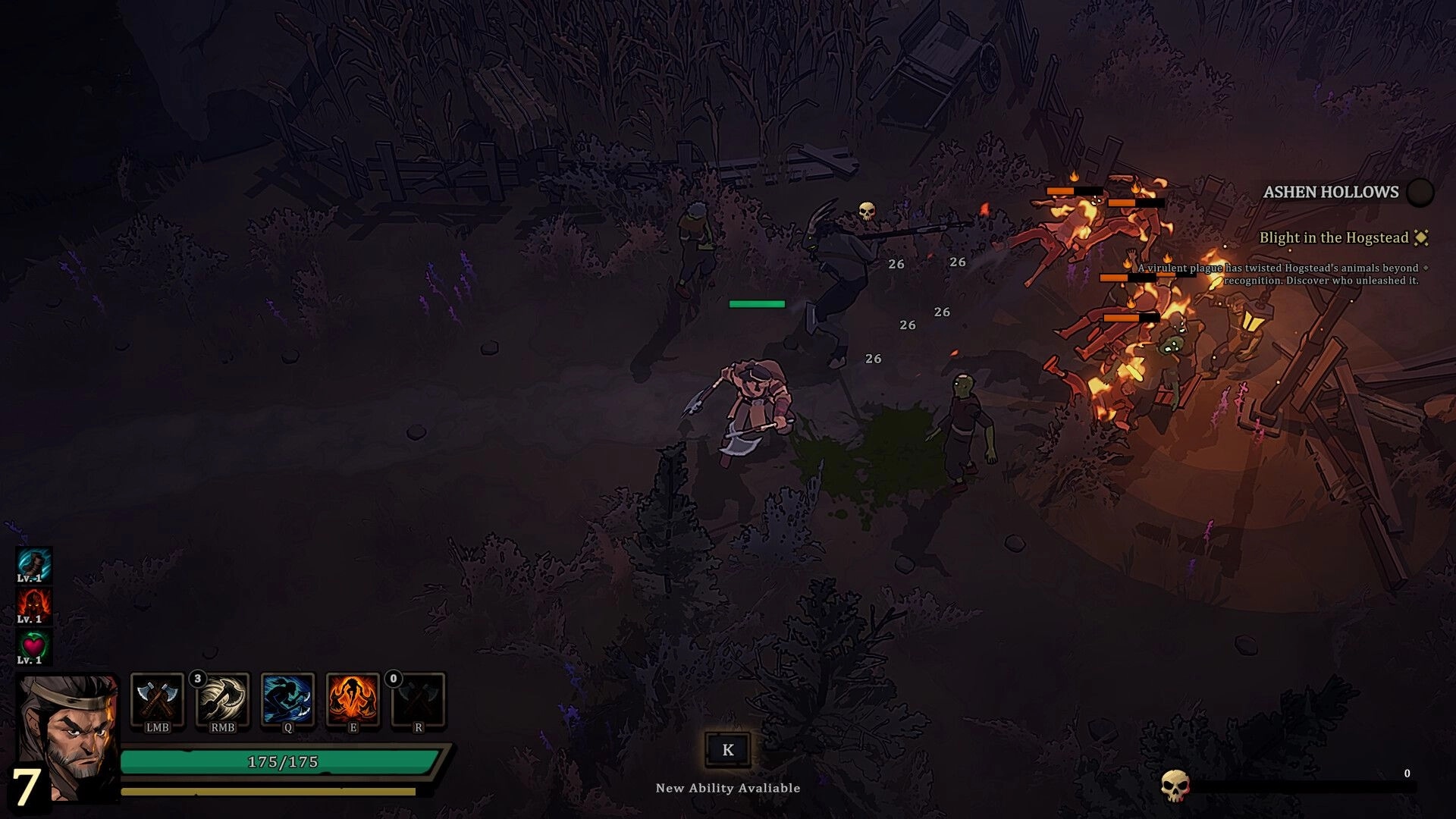 Netherwyn: Hero attacks burning beasts as damage numbers pop up in dark Ashen Hollows woods UI visible.