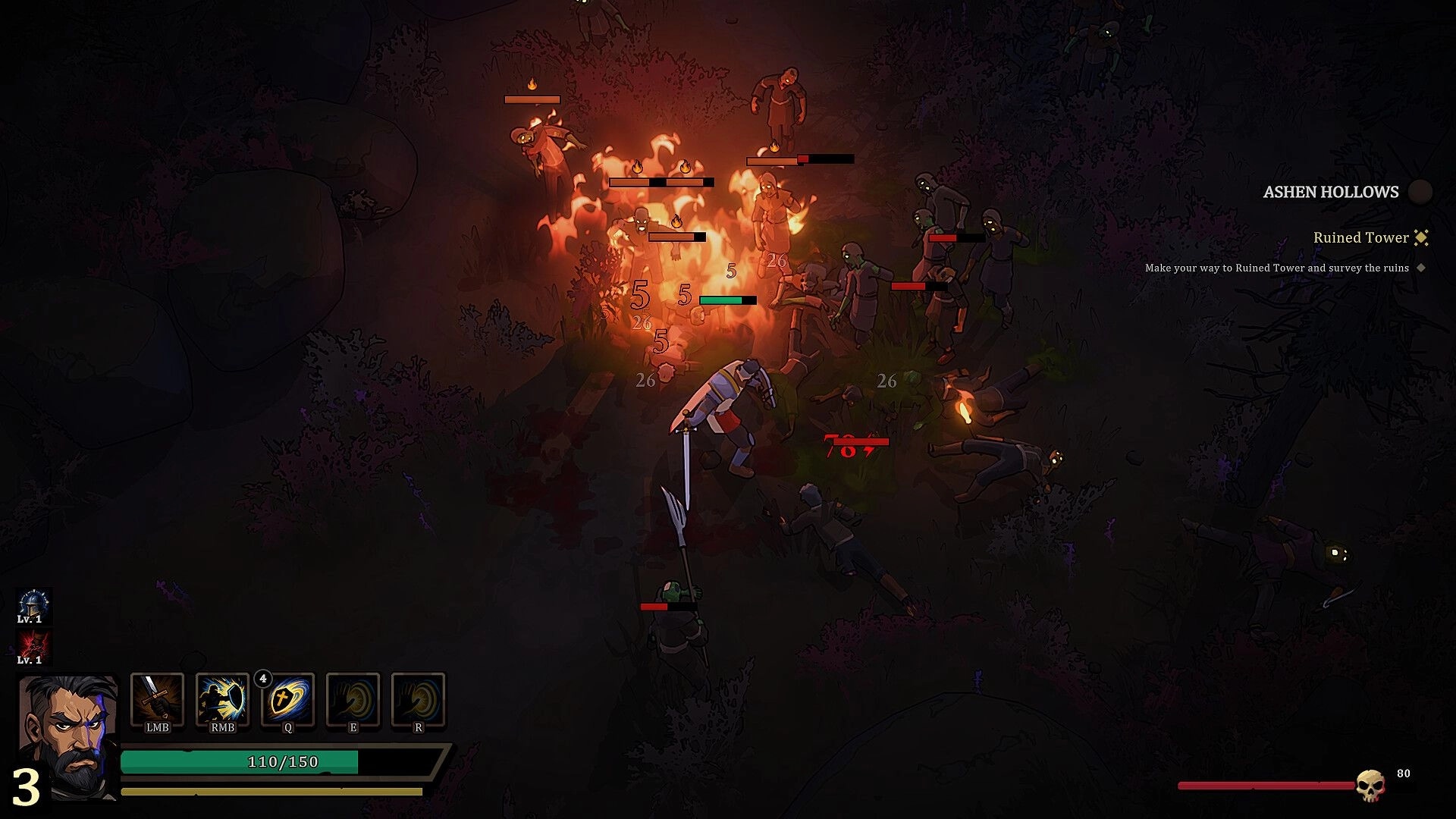 Netherwyn: Warrior battles burning zombies with damage numbers in Ashen Hollows, Ruined Tower quest UI.