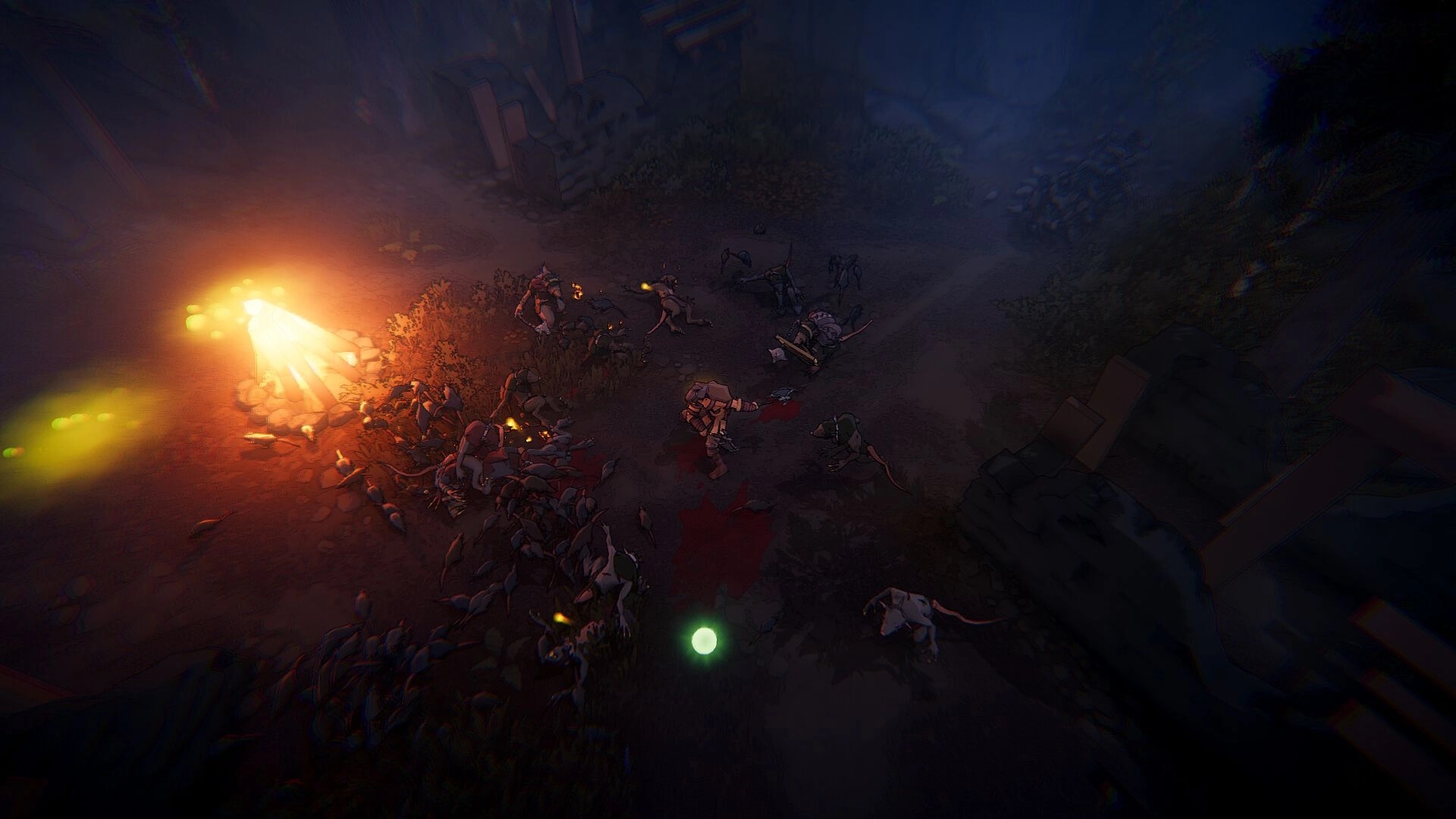Netherwyn: Armored warrior fights rat swarms by a blazing campfire in a dark, foggy ruin path.