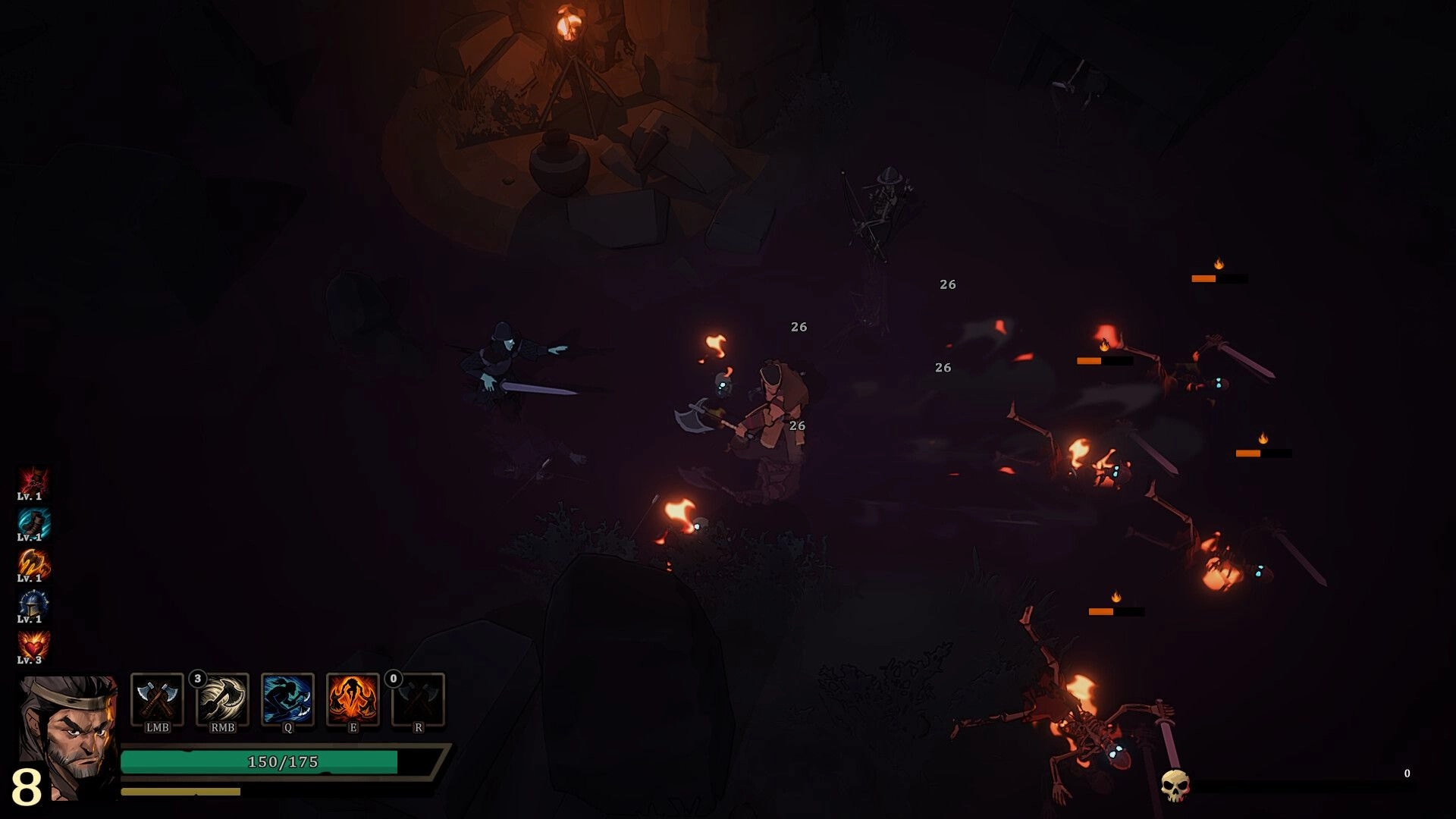 Netherwyn: Warrior and ally battle burning skeletons with damage numbers in a dark rocky cave UI HUD.