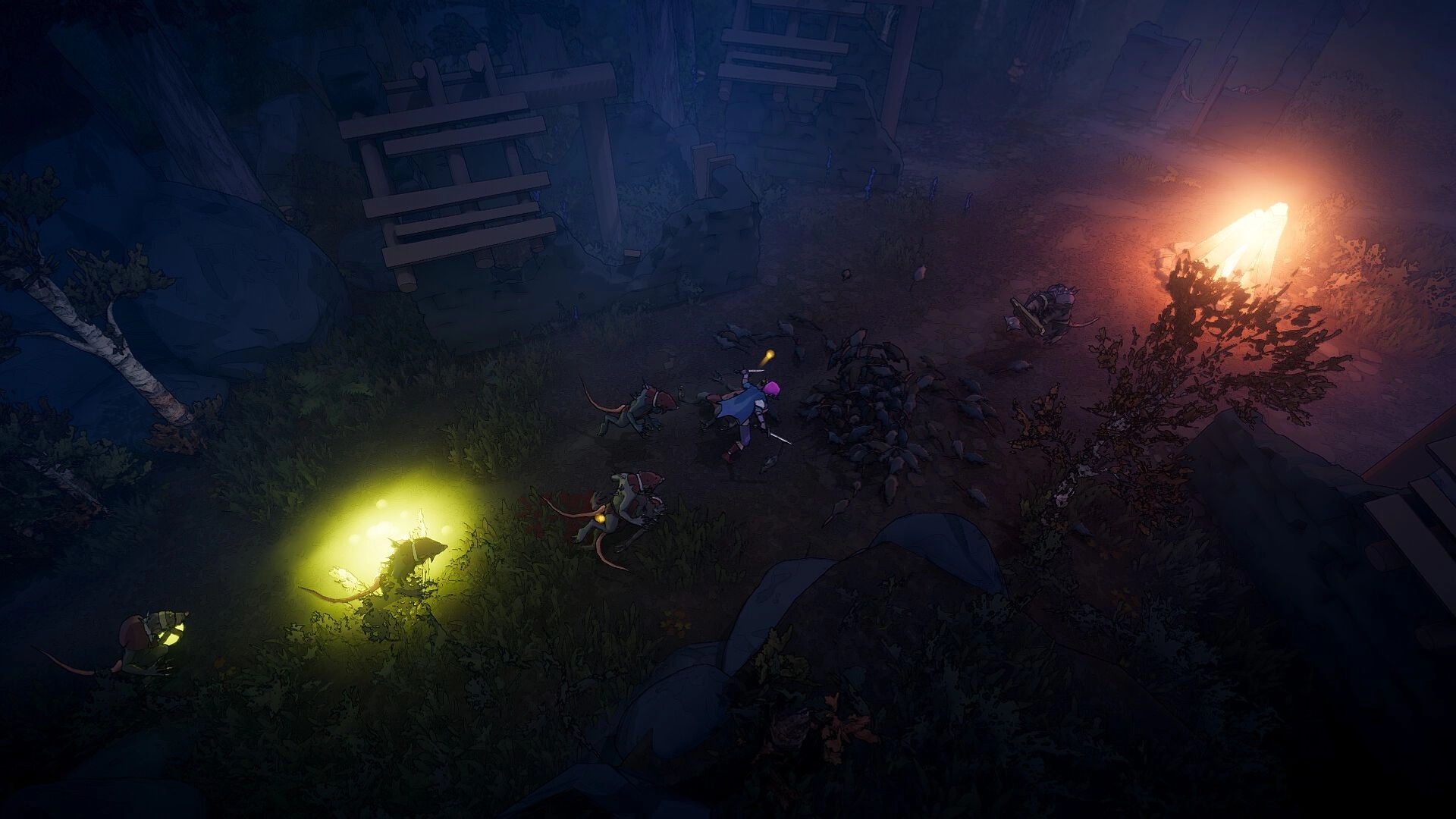 Netherwyn: Top-down hero battles rat-like foes by torchlight in a rocky forest path with ruins.