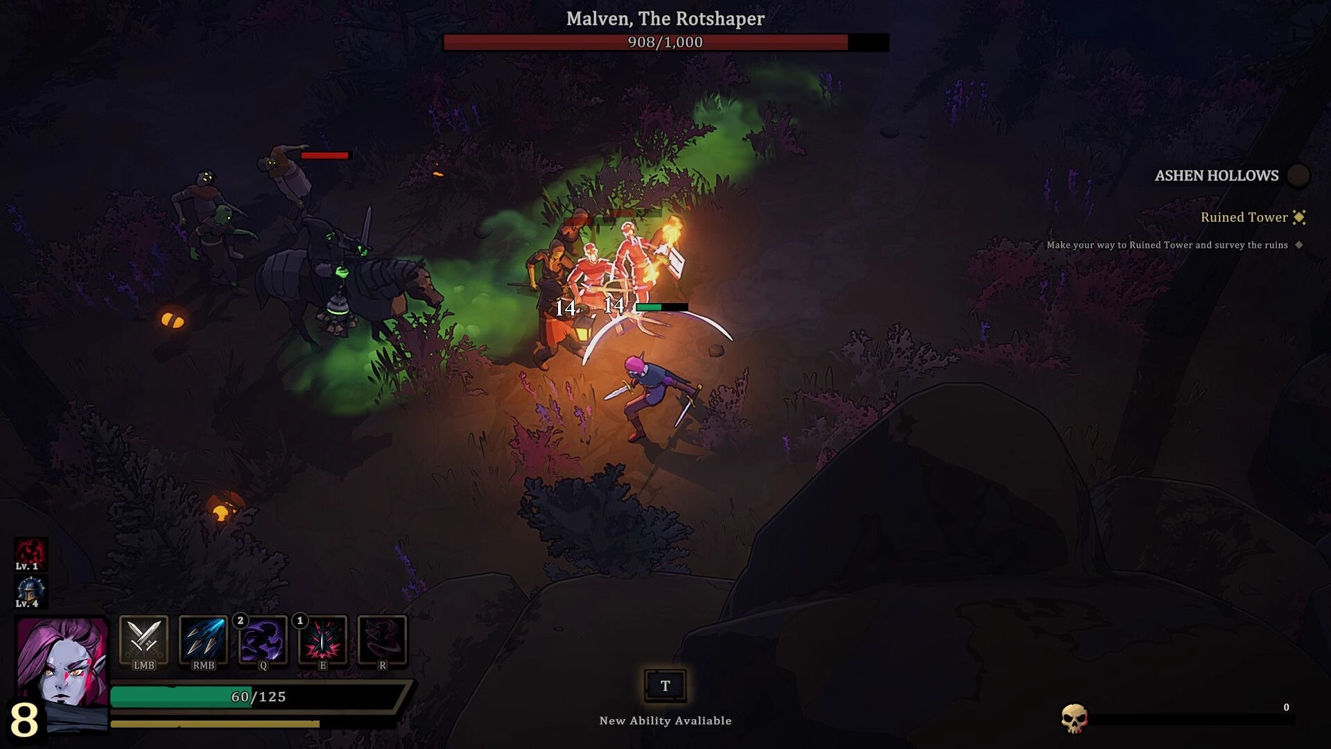 Netherwyn: Player slashes enemies under boss bar Malven, The Rotshaper in Ashen Hollows ruins.