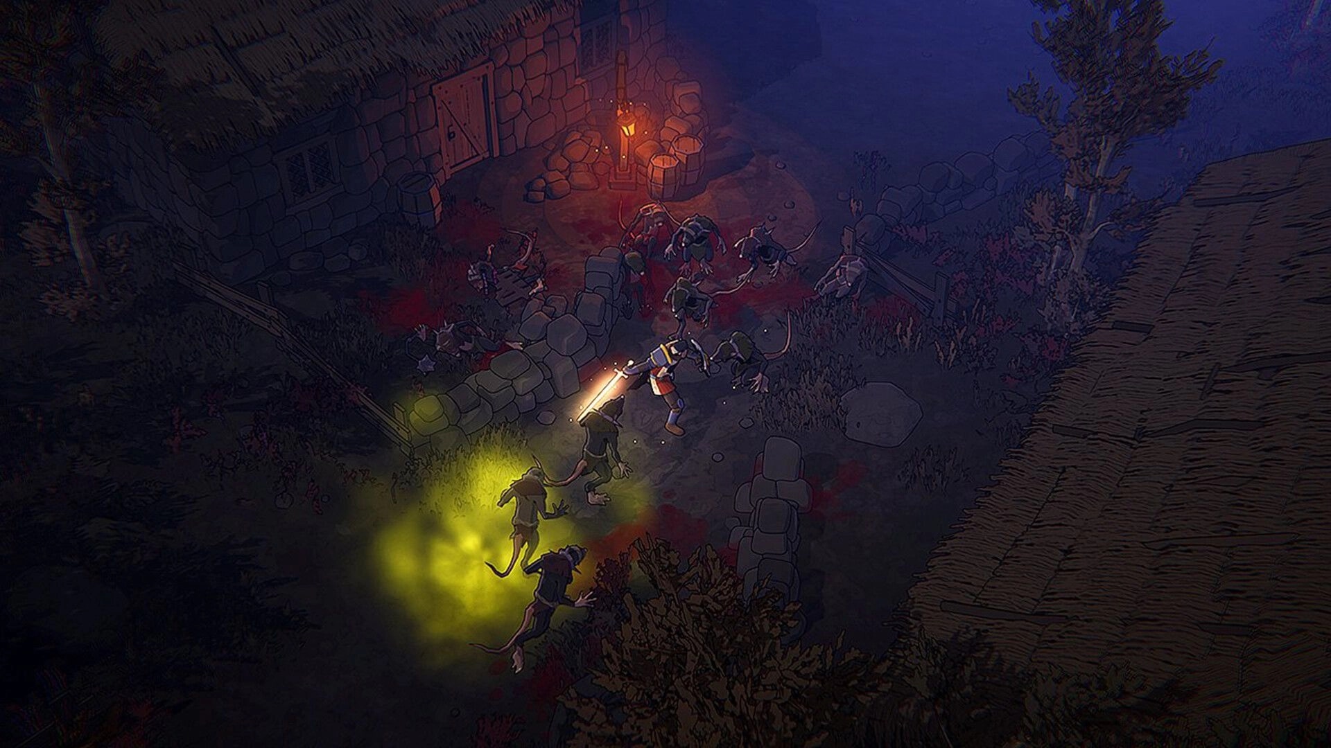 Netherwyn: Hero swings a glowing sword at ratlike monsters outside a lantern-lit stone cottage at night.