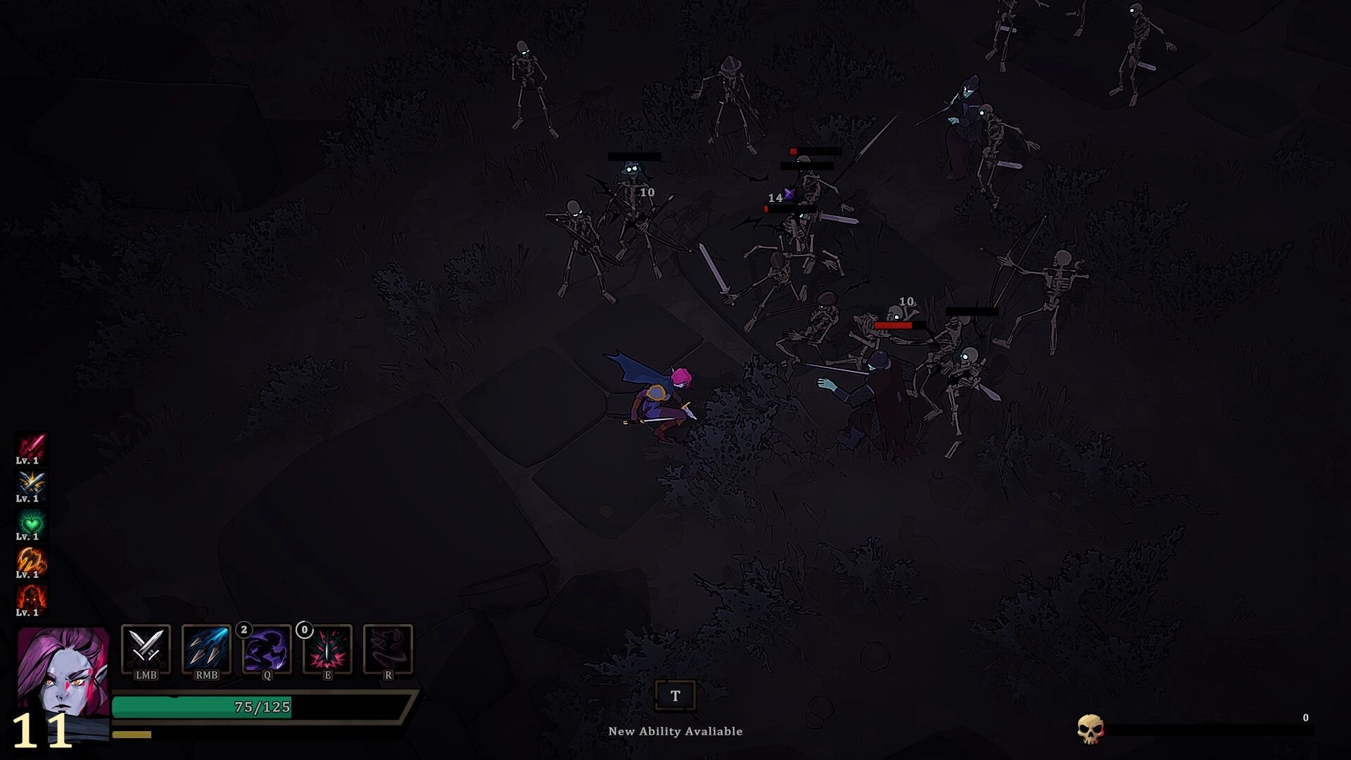 Netherwyn: Player character fights skeleton mob with damage numbers on a dark forest path UI visible.
