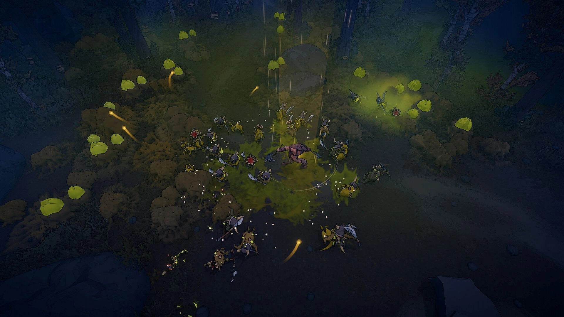 Netherwyn: Hero surrounded by goblin raiders amid green poison clouds in a dark forest clearing.