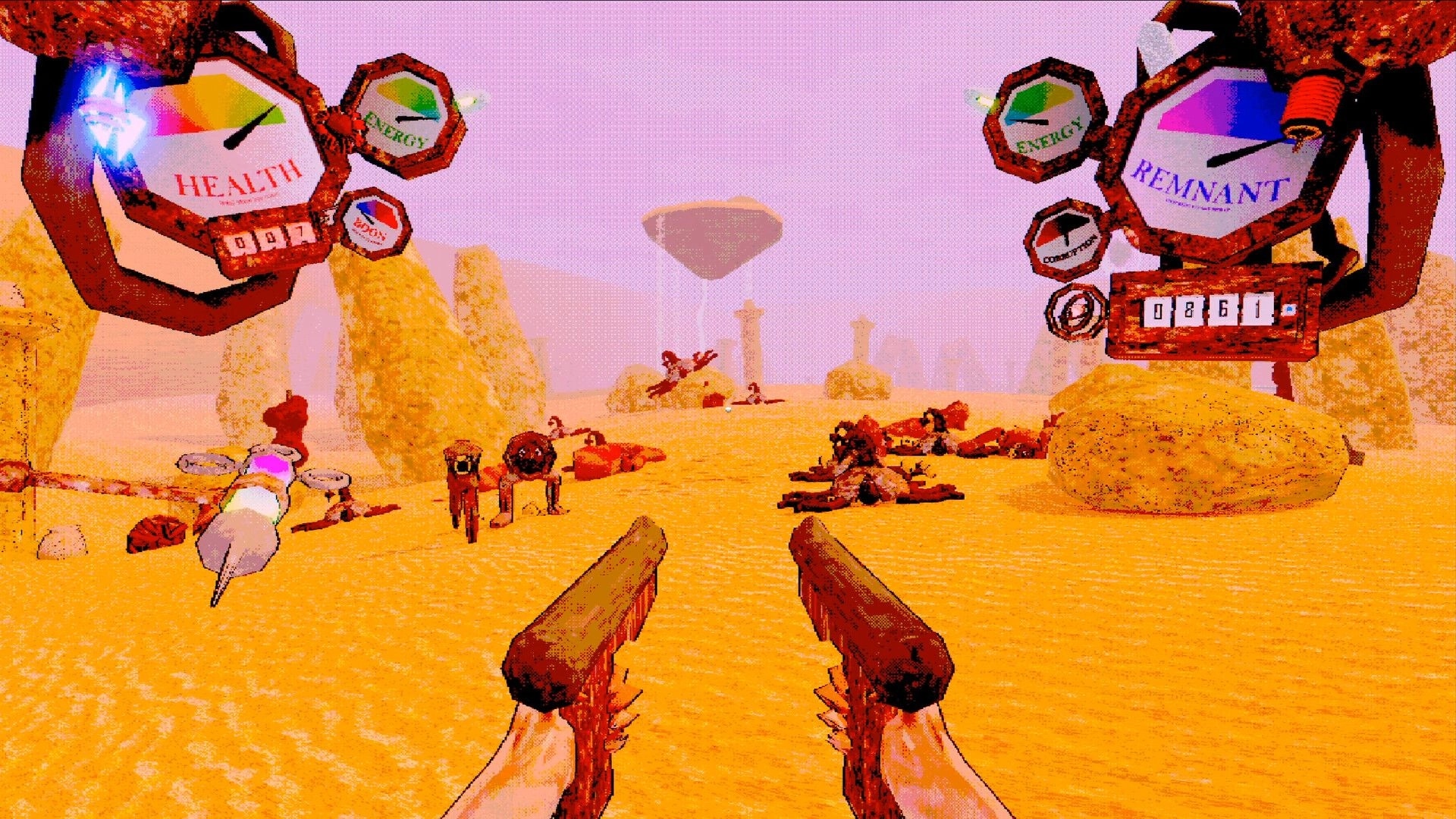 Neurospasm: Dual pistols aimed at fleshy foes in sandy wasteland, health and energy meters up top.