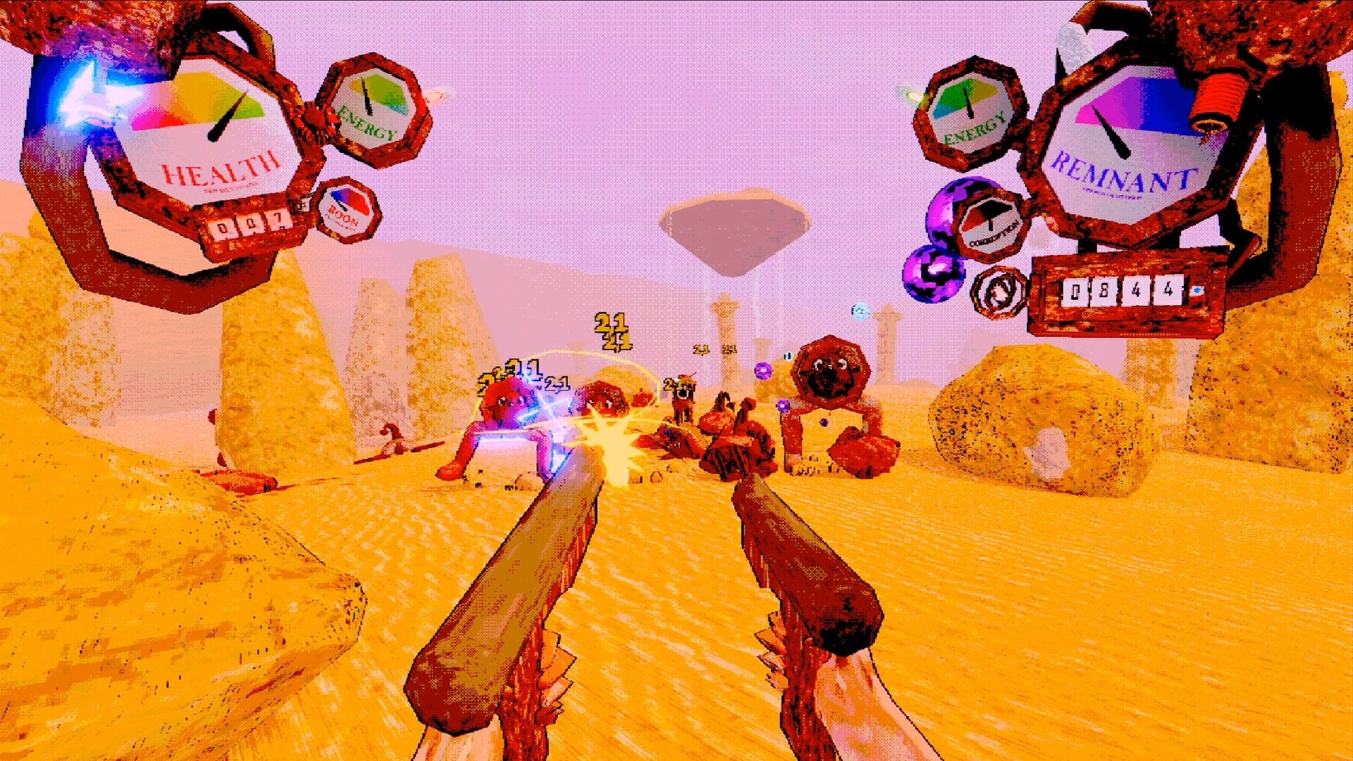 Neurospasm: Dual pistols blasting fleshy enemies as damage numbers pop in a sandy desert arena HUD.