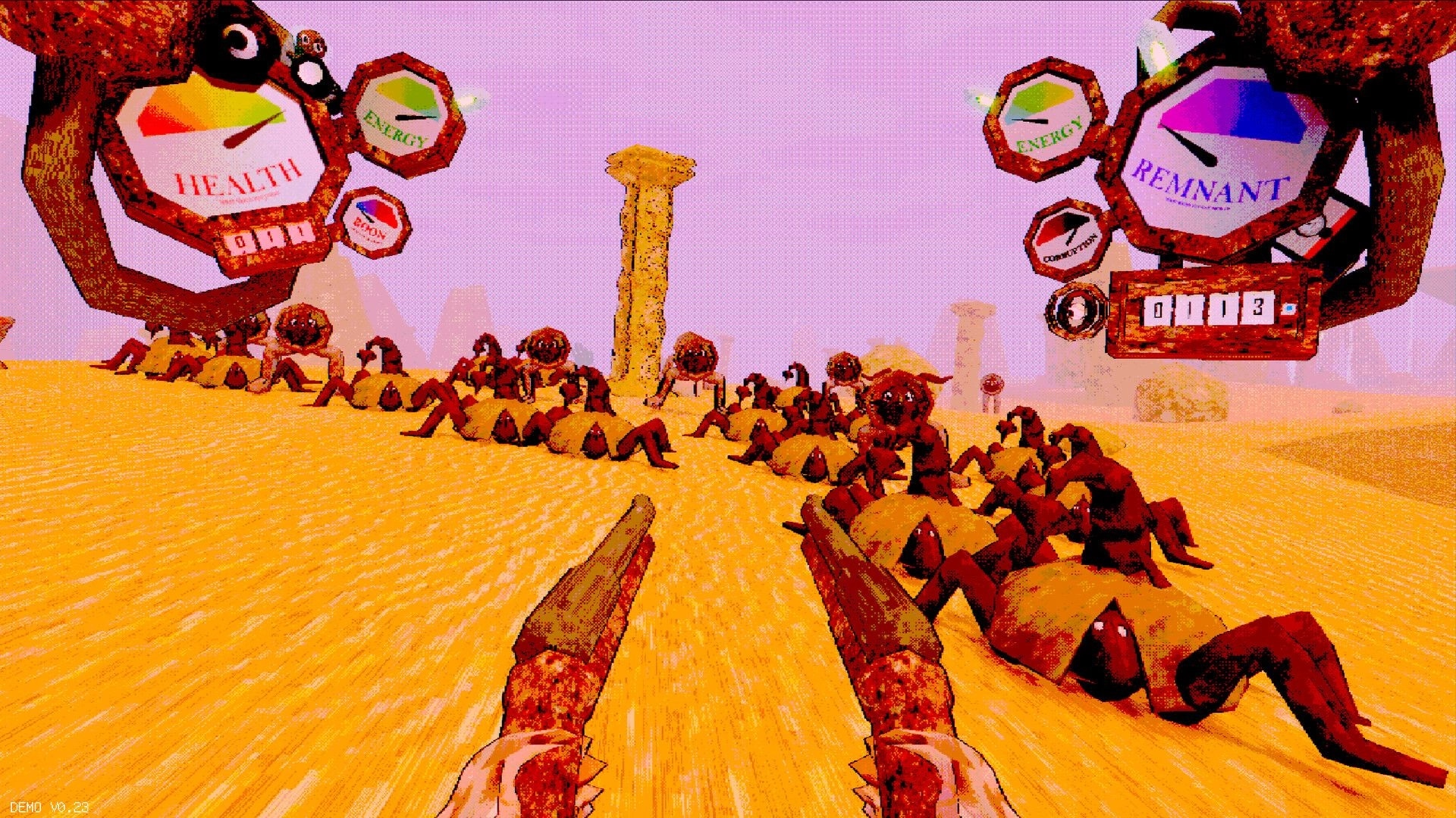 Neurospasm: Dual-wield view facing a horde of crawling flesh enemies in sandy ruins, health UI up.