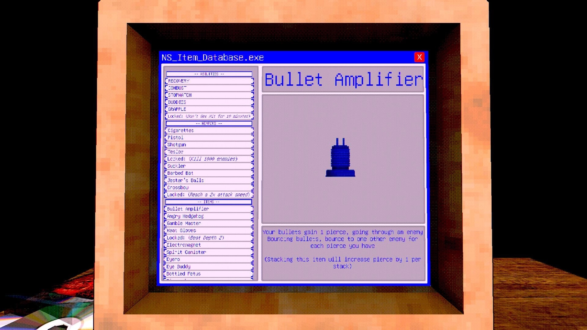 Neurospasm: NS_Item_Database.exe item menu with Bullet Amplifier icon and stats in a box room.
