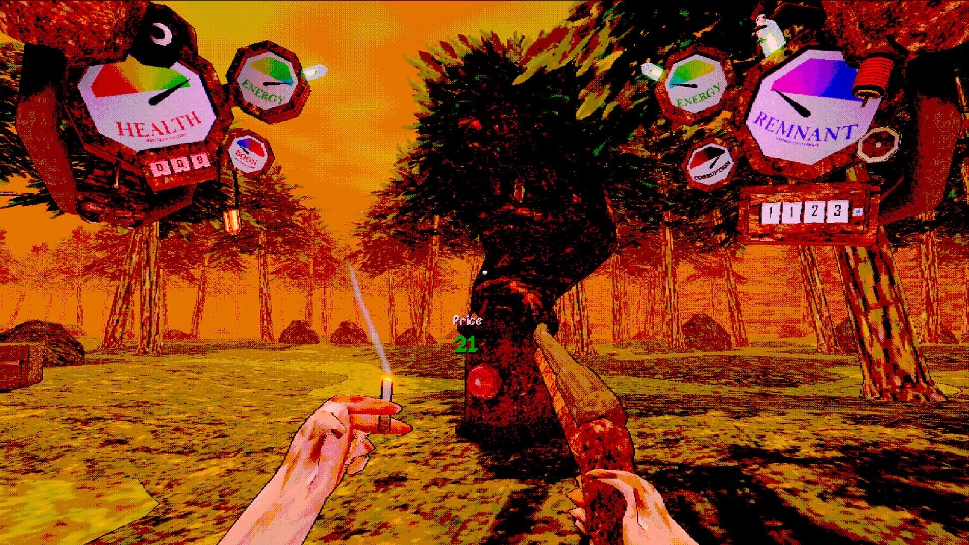 Neurospasm: First-person view aiming at a black tree with Price 21 in a neon forest HUD gauges.