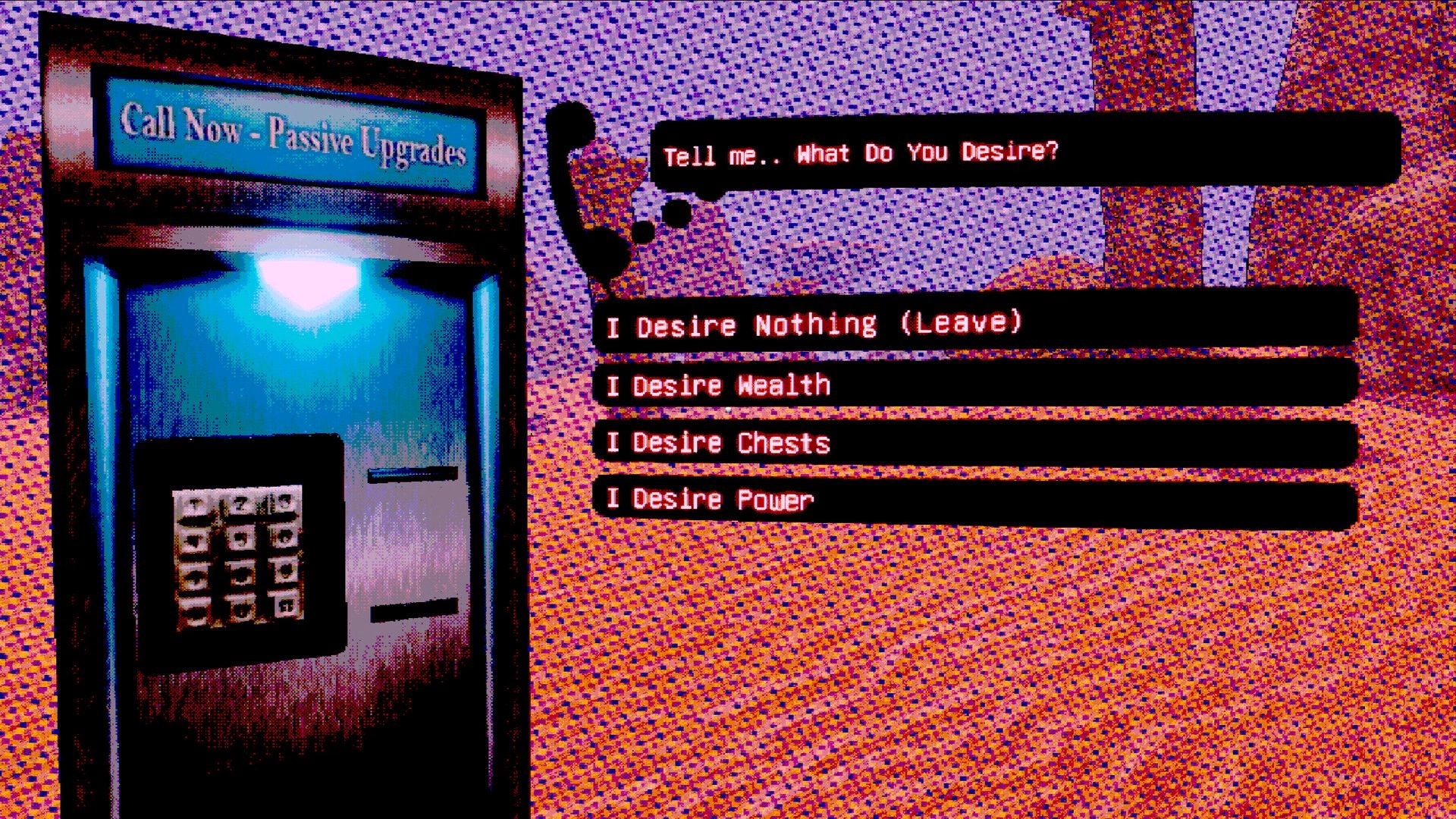 Neurospasm: Passive upgrades payphone menu with desire choices in a pixelated corridor scene.