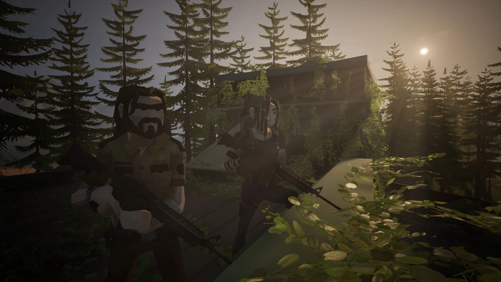 Never Be Alone: Two armed survivors on a rooftop at sunset overlooking an overgrown forest building.