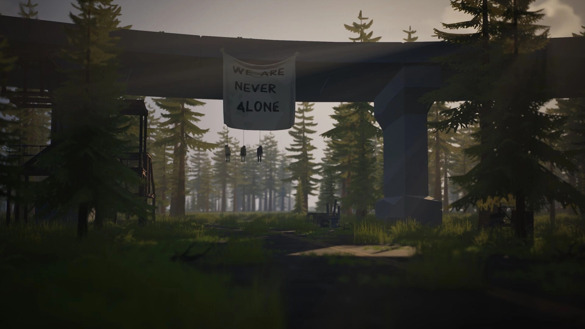 Never Be Alone: Banner reading WE ARE NEVER ALONE on a forest gate with hanging bodies at dusk.