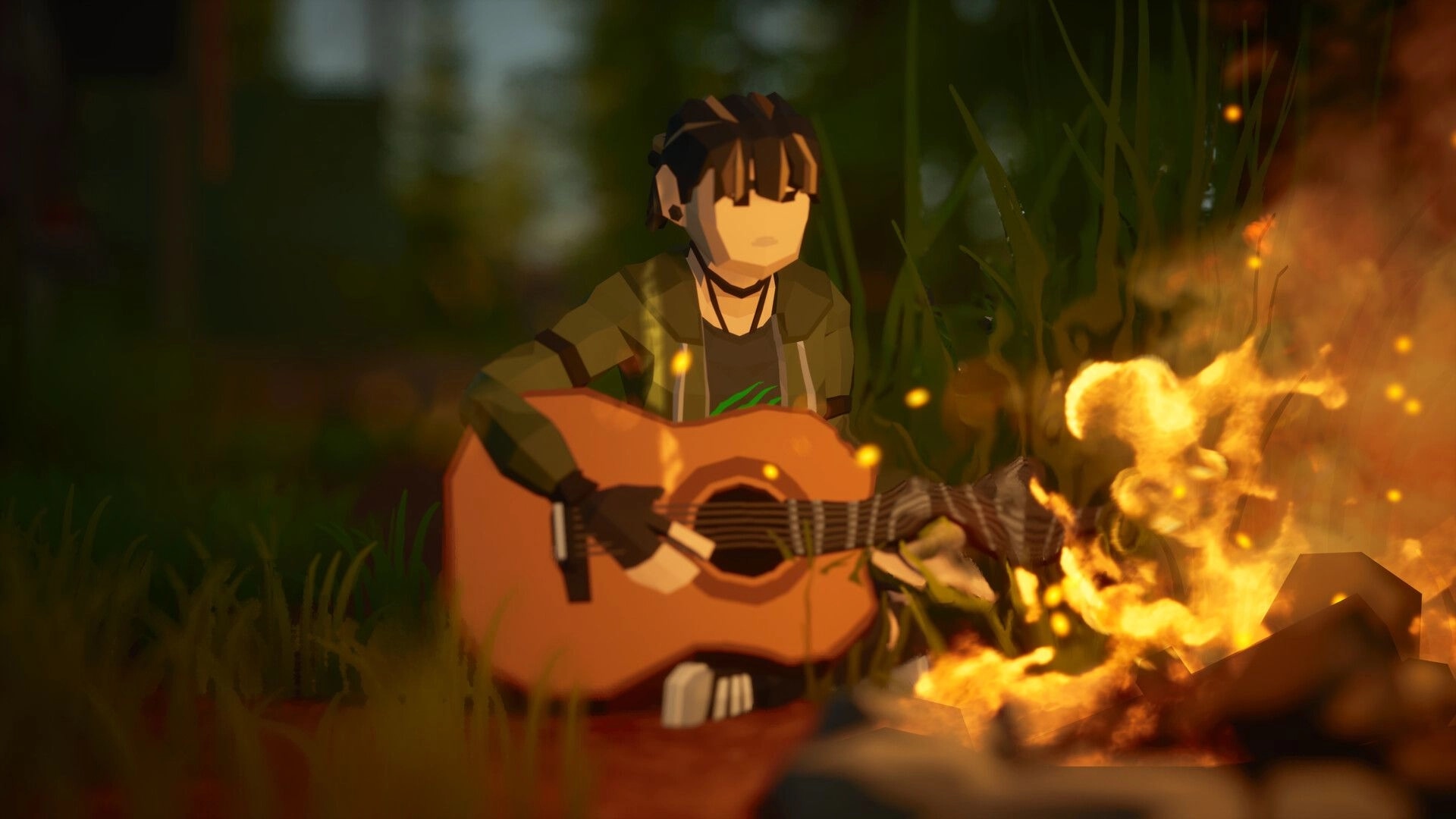 Never Be Alone: Survivor strums an acoustic guitar beside a campfire in tall grass at dusk.