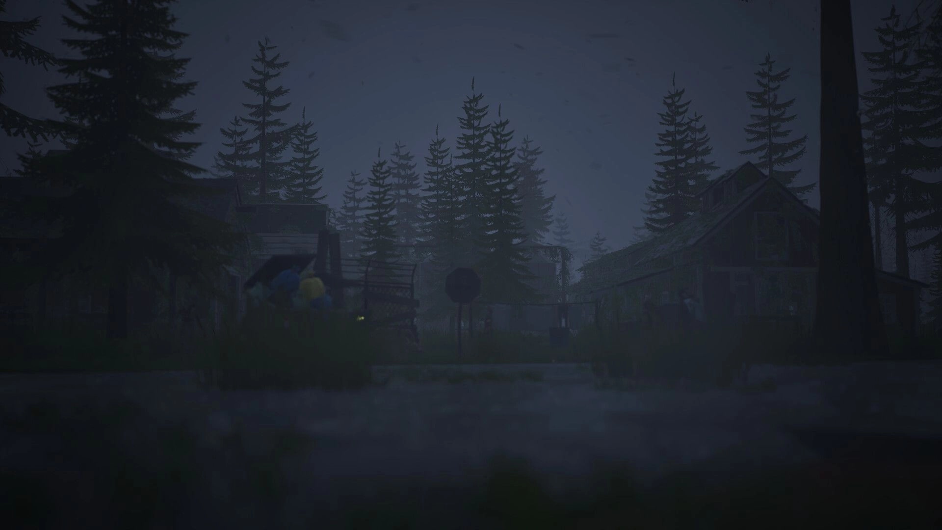 Never Be Alone: Foggy road leading into a quiet forest settlement with cabins and tall pines at dusk.