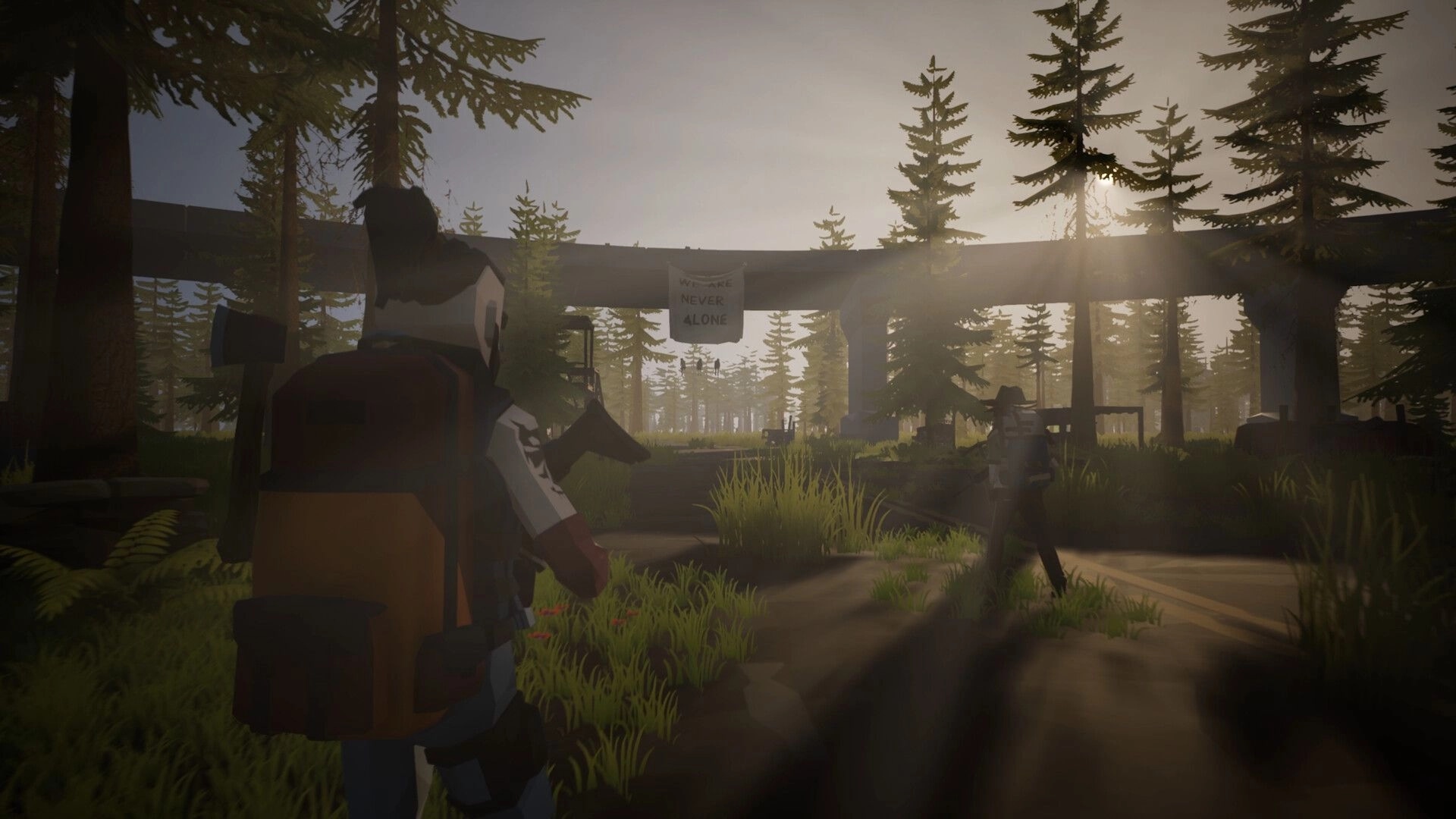 Never Be Alone: Two survivors approach a forest safezone gate with a Never Alone banner at sunrise.