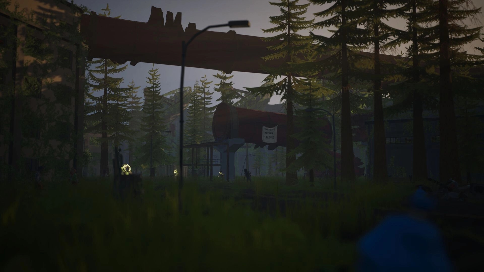 Never Be Alone: Overgrown forest roadway with broken pipeline overhead and distant figures at dusk.