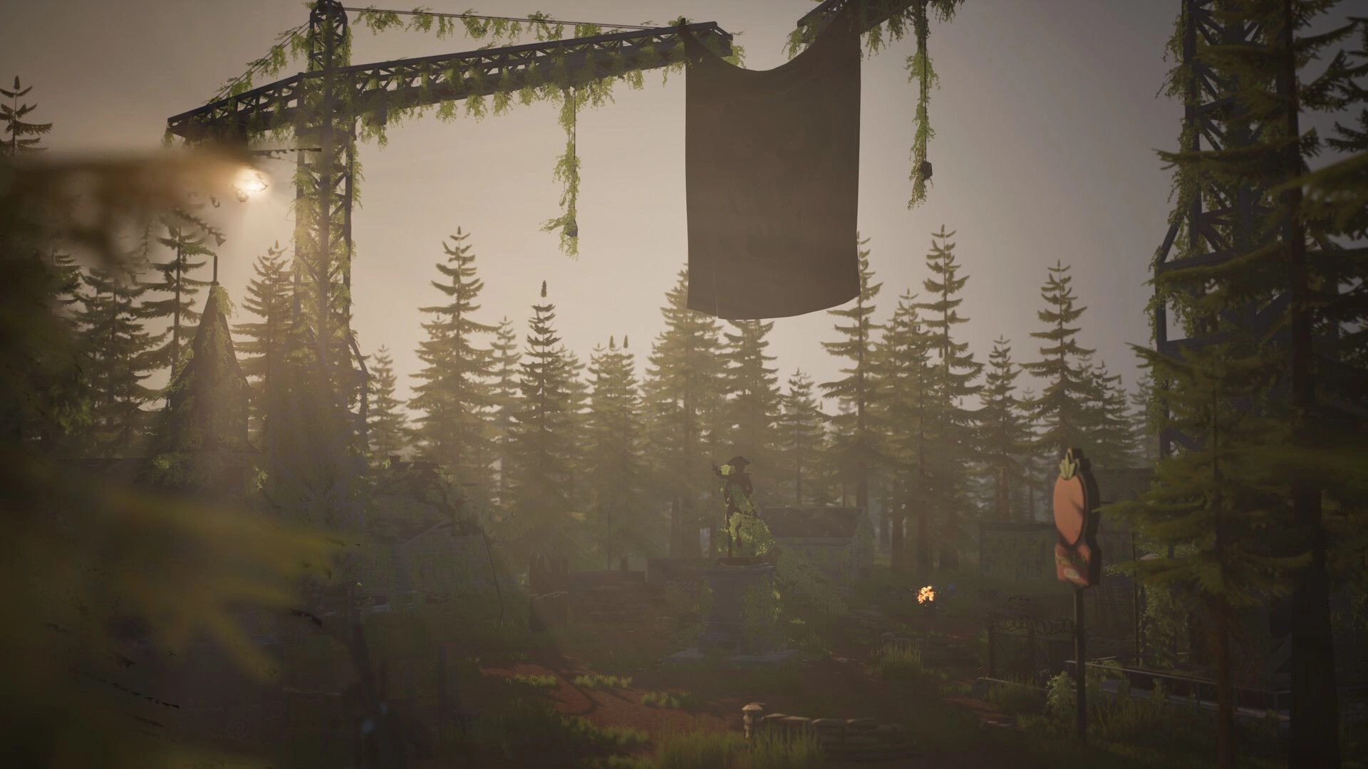 Never Be Alone: Overgrown metal gate with hanging banner above a misty pine forest settlement at dusk.