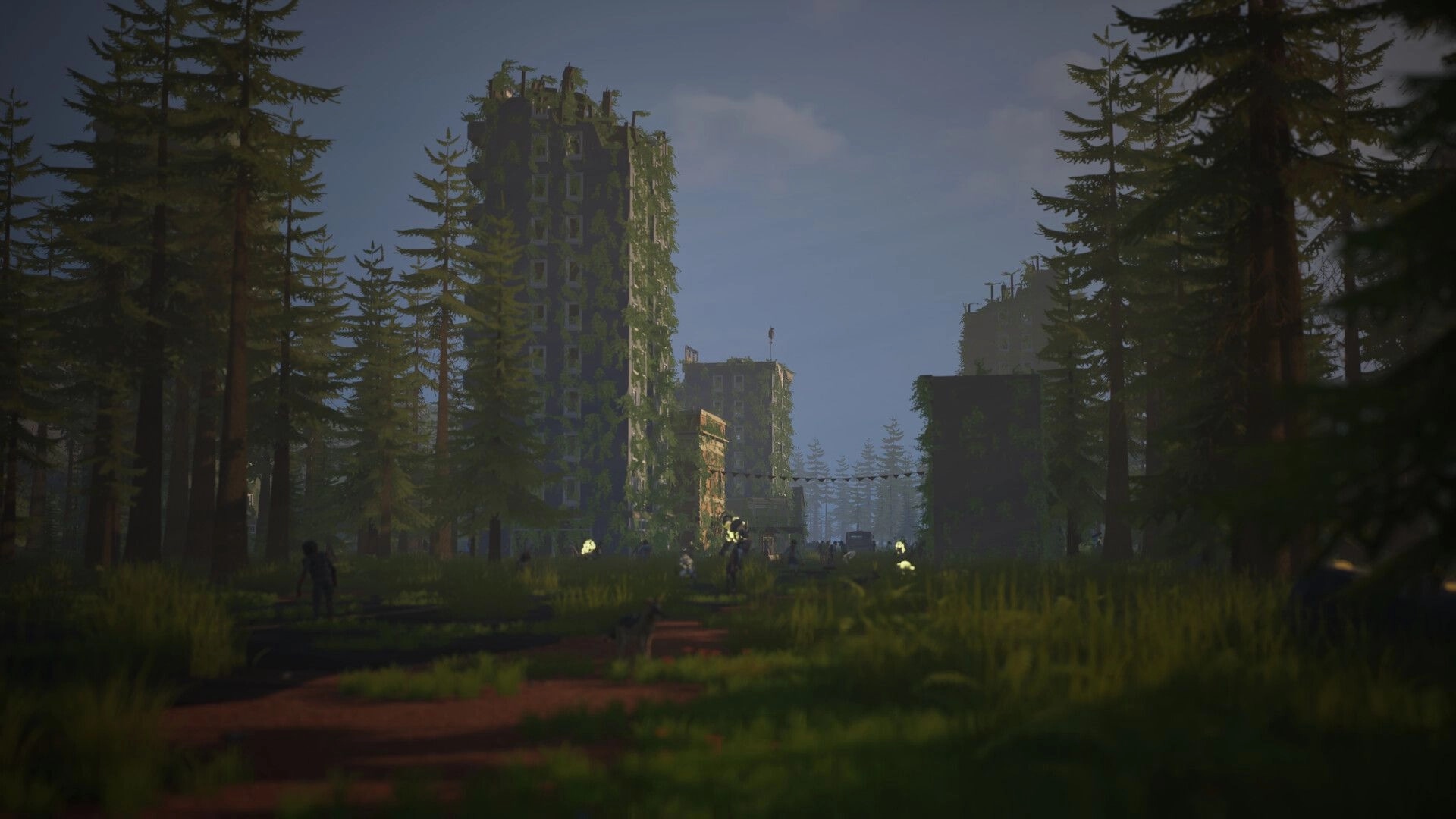 Never Be Alone: Overgrown city skyline with vine-covered towers rising above a pine forest trail.