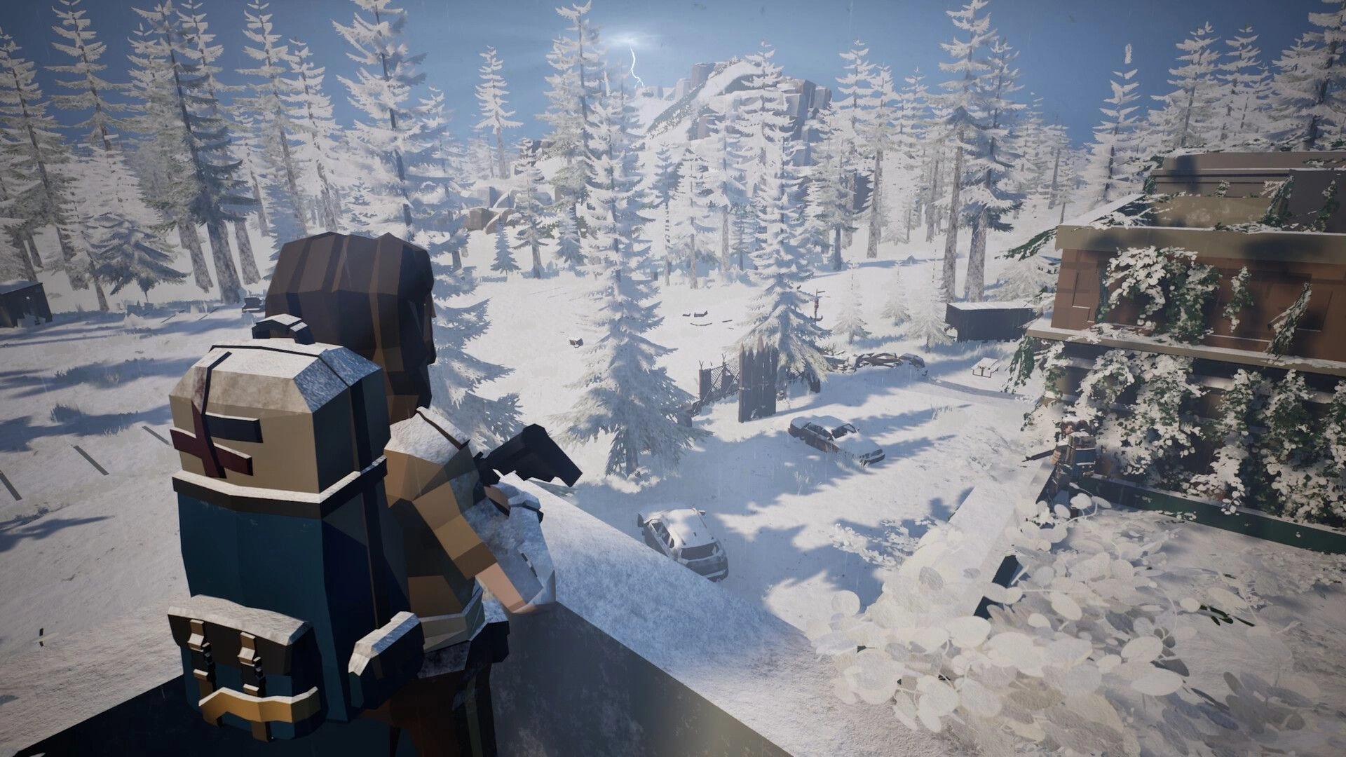 Never Be Alone: Third-person survivor aims rifle from rooftop over snowy pine forest and ruins.