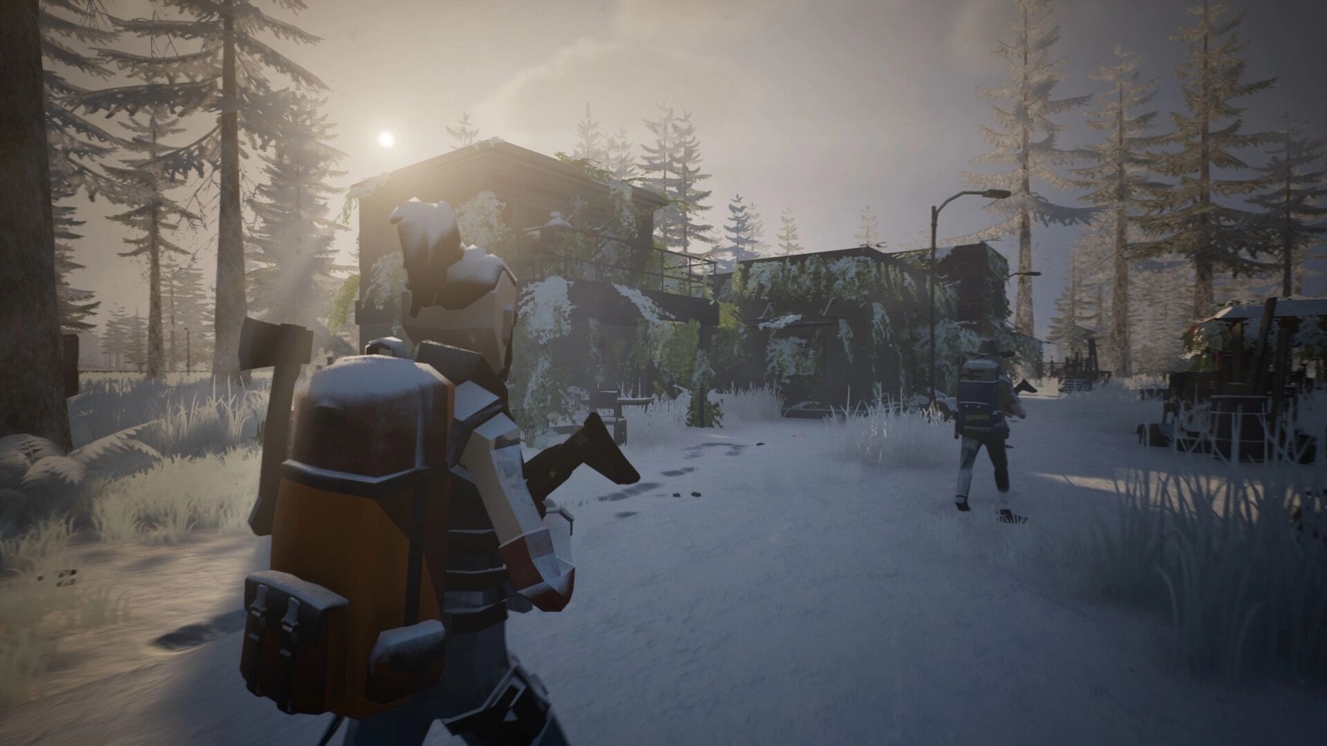 Never Be Alone: Two survivors trek through snowy forest toward an overgrown building at dawn.