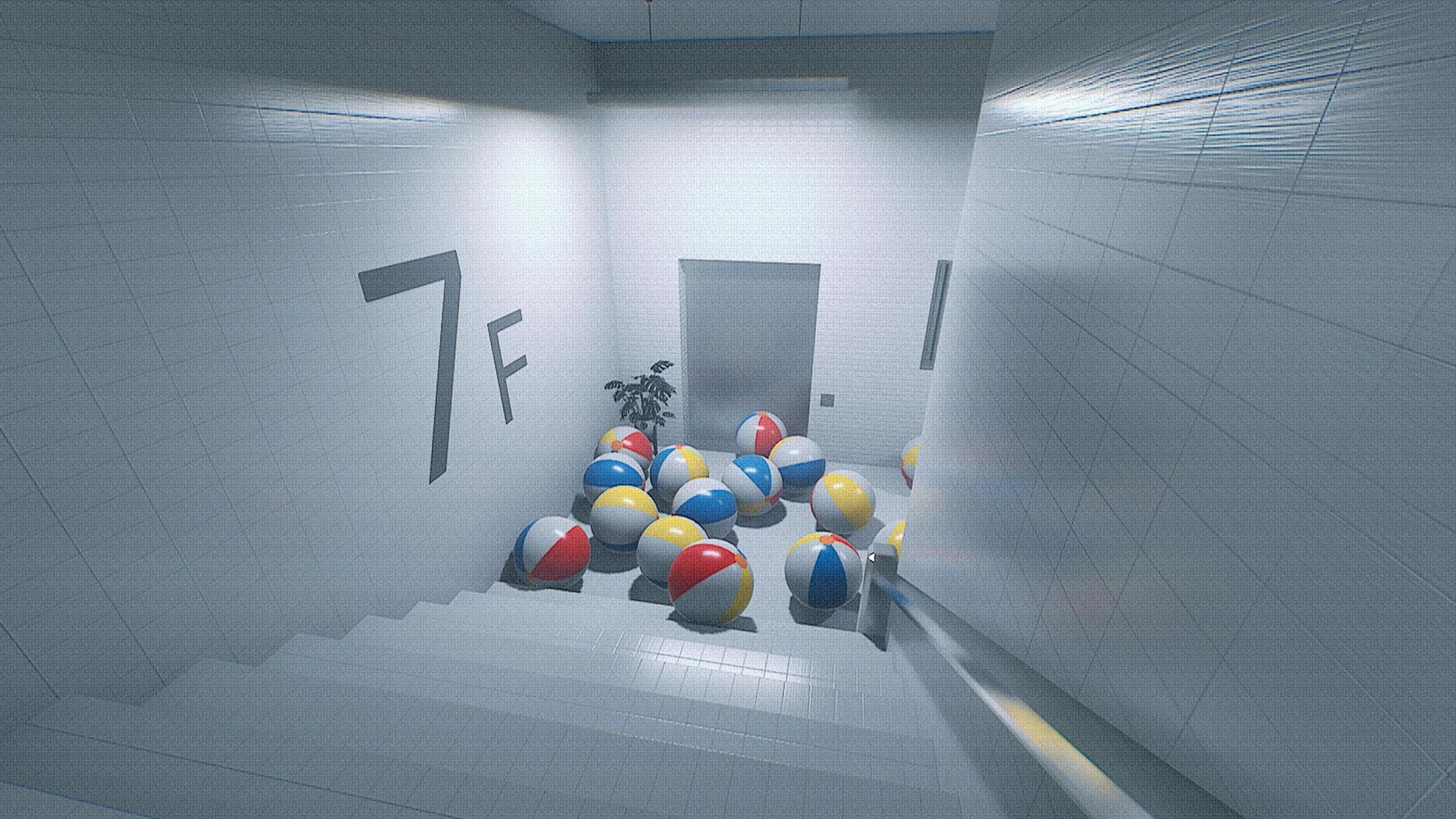 NEVER LOOK BACK: First-person view down stairs labeled 7F, blocked by colorful beach balls in tiled hall.