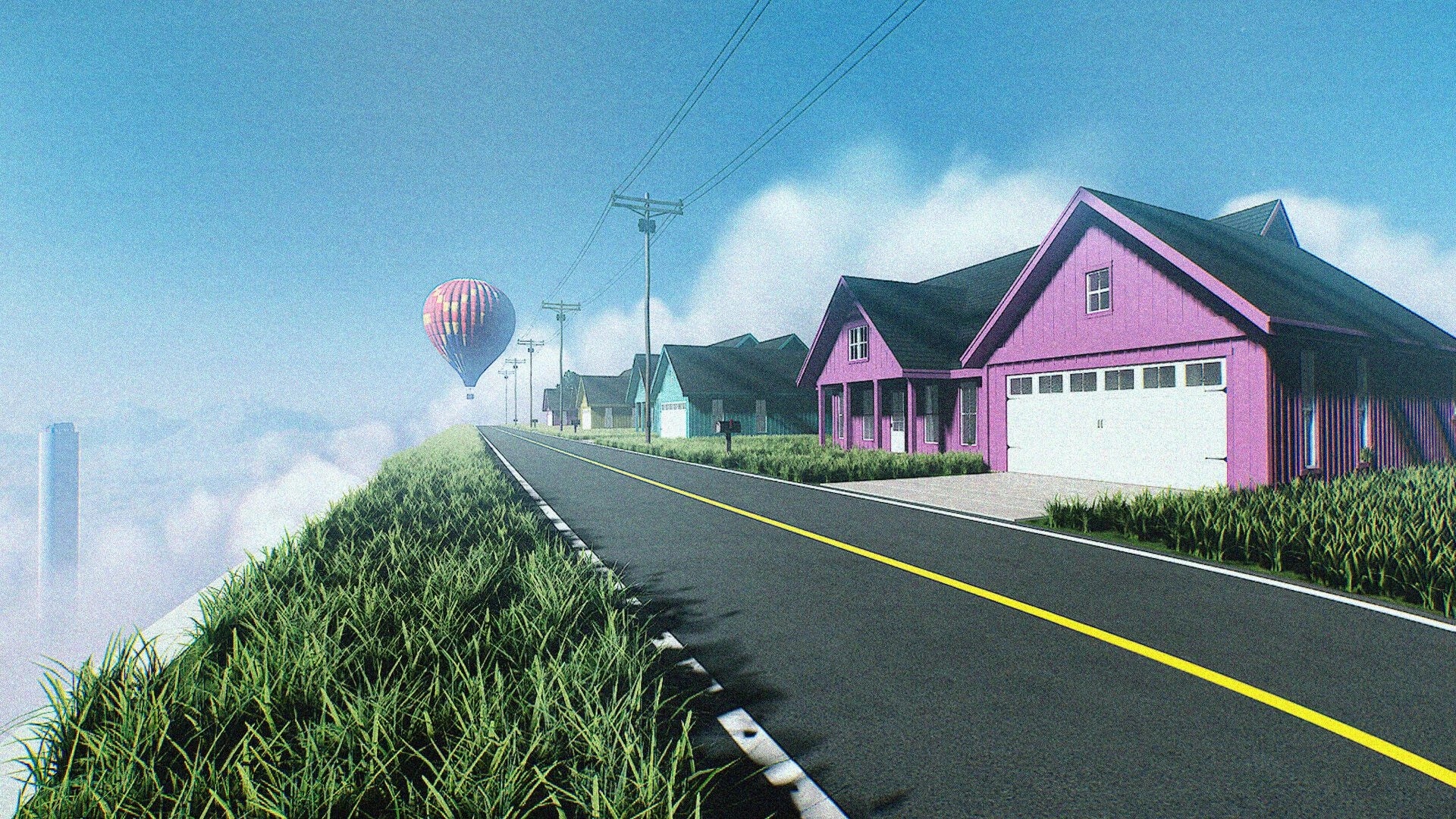 NEVER LOOK BACK: Empty roadside with pink houses and power lines above clouds, hot air balloon ahead.