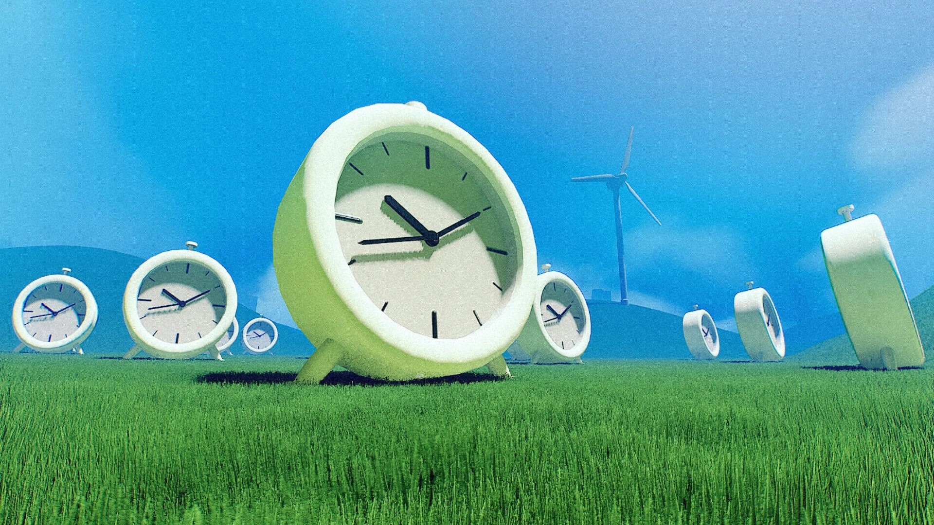 NEVER LOOK BACK: Giant alarm clocks scattered across a grassy field under blue sky, wind turbine ahead.