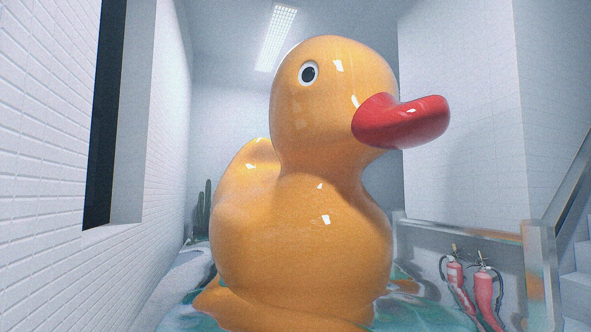 NEVER LOOK BACK: Giant rubber duck fills the frame in a tiled stairwell with fire extinguishers nearby.